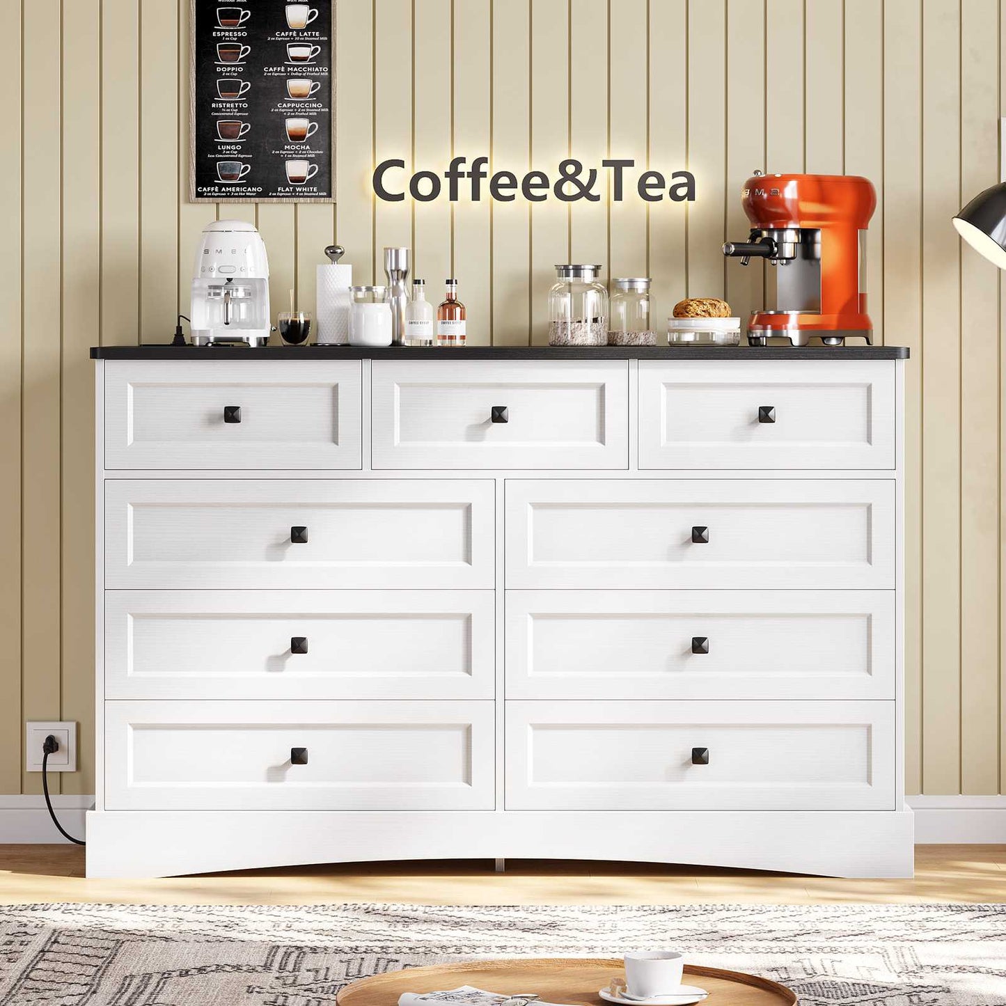 Hasuit | 51.2 Inch Dresser with 9 Drawers Large Farmhouse Drawer Dressers with Charging Station Wooden Storage Tower Organizer for Bedroom White