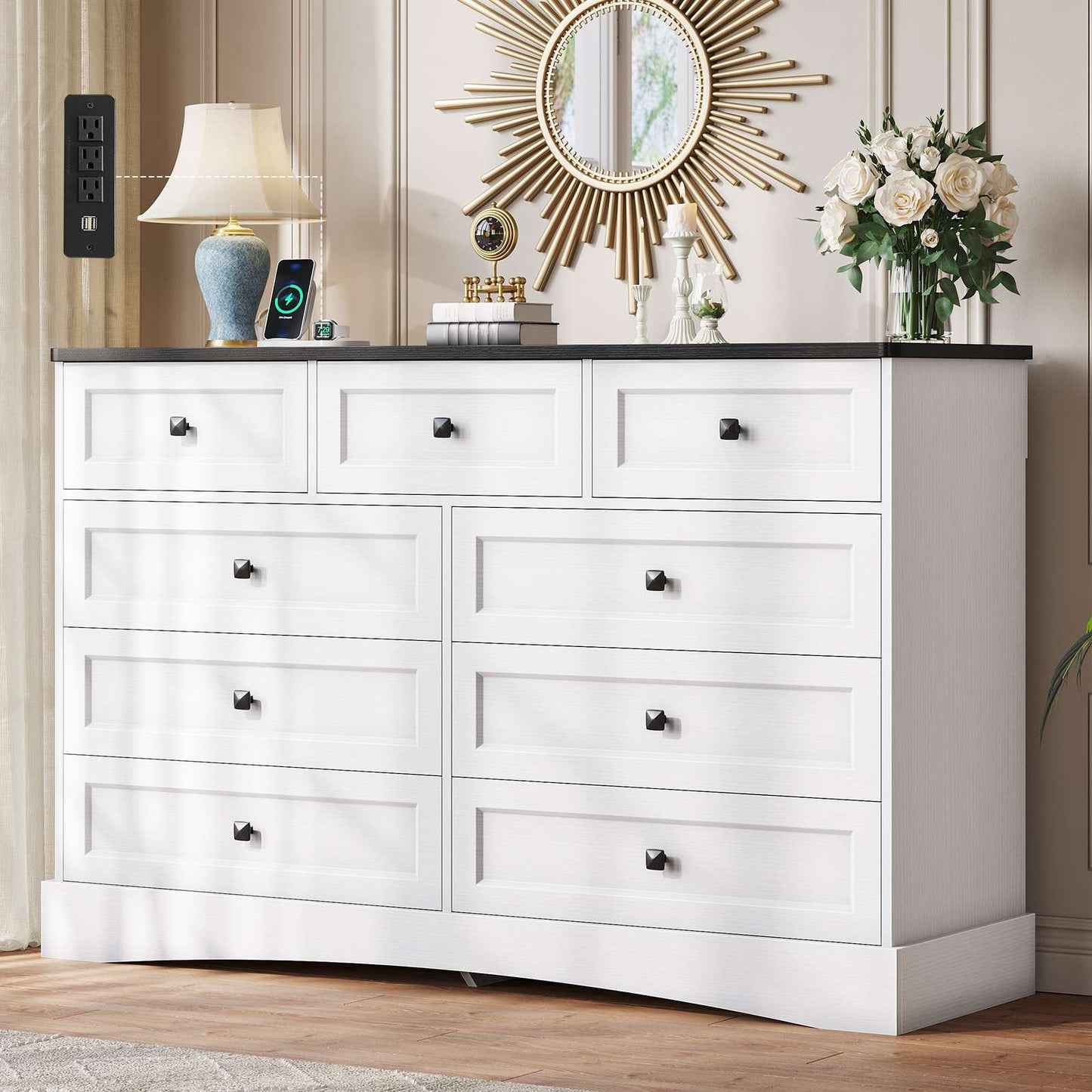 Hasuit | 51.2 Inch Dresser with 9 Drawers Large Farmhouse Drawer Dressers with Charging Station Wooden Storage Tower Organizer for Bedroom White