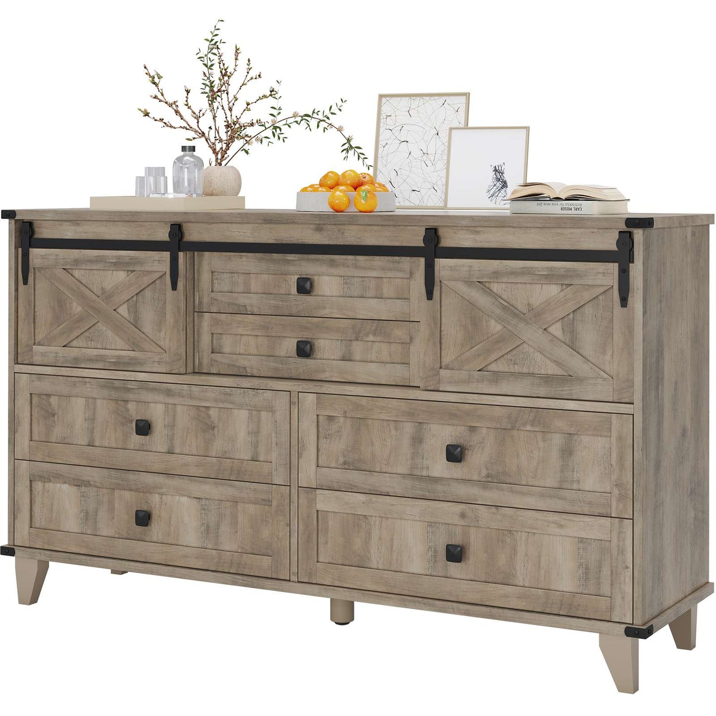 Hasuit | 55.1 Inch Farmhouse 6 Drawer Dresser for Bedroom Retro Chest of Drawers with Sliding Barn Door