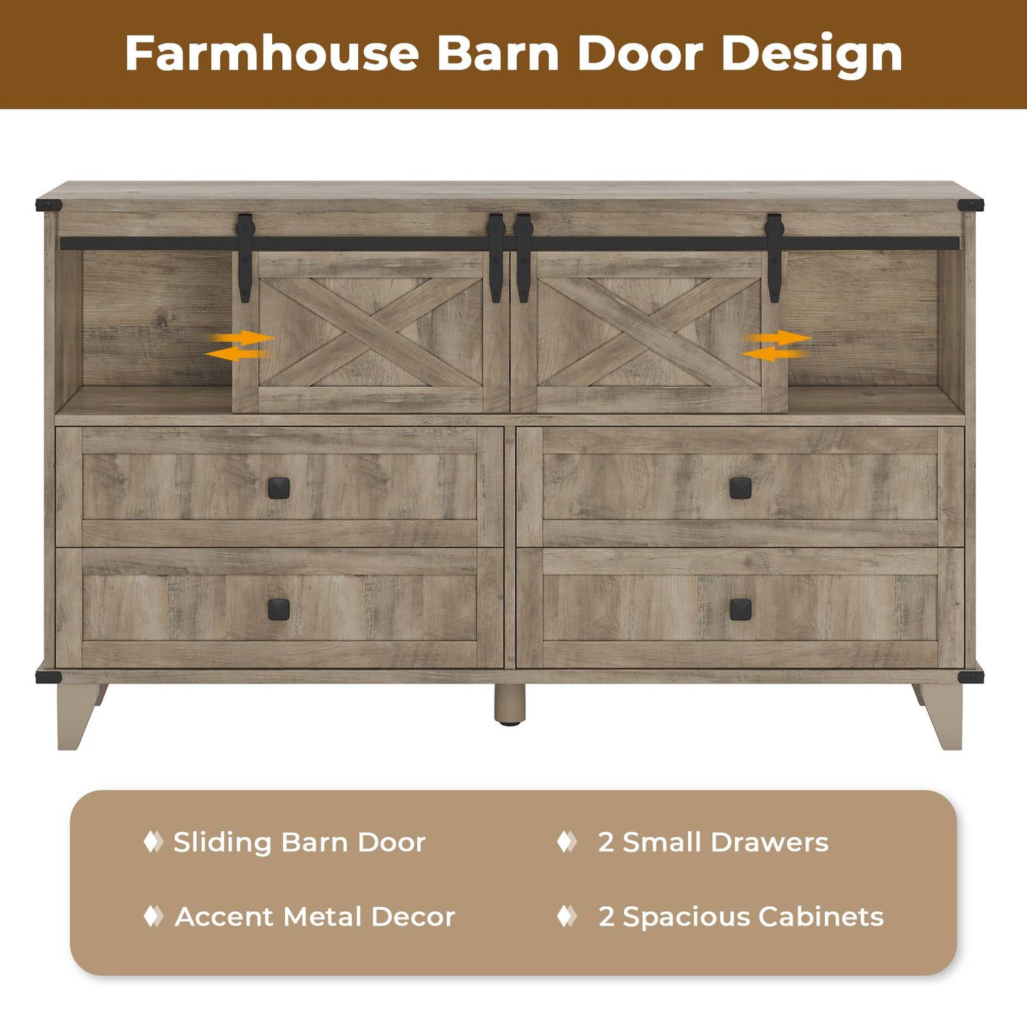 Hasuit | 55.1 Inch Farmhouse 6 Drawer Dresser for Bedroom Retro Chest of Drawers with Sliding Barn Door