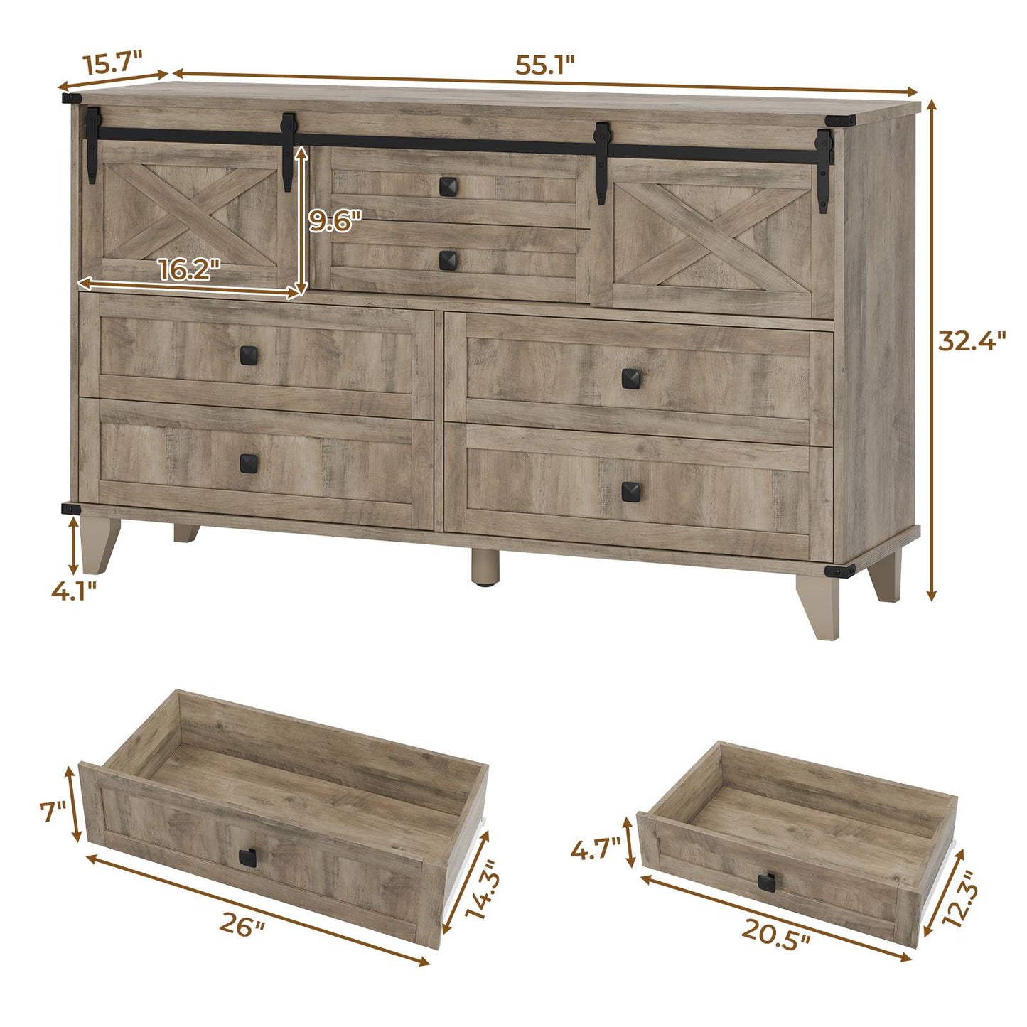 Hasuit | 55.1 Inch Farmhouse 6 Drawer Dresser for Bedroom Retro Chest of Drawers with Sliding Barn Door