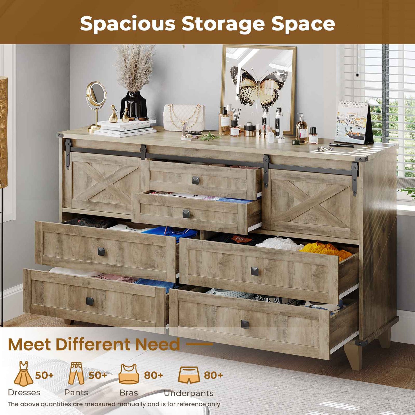 Hasuit | 55.1 Inch Farmhouse 6 Drawer Dresser for Bedroom Retro Chest of Drawers with Sliding Barn Door