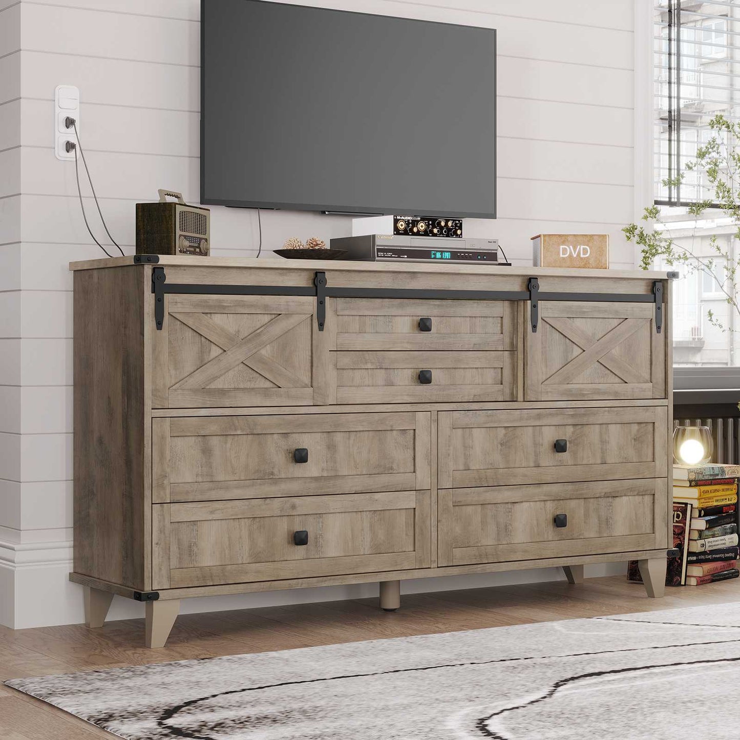 Hasuit | 55.1 Inch Farmhouse 6 Drawer Dresser for Bedroom Retro Chest of Drawers with Sliding Barn Door