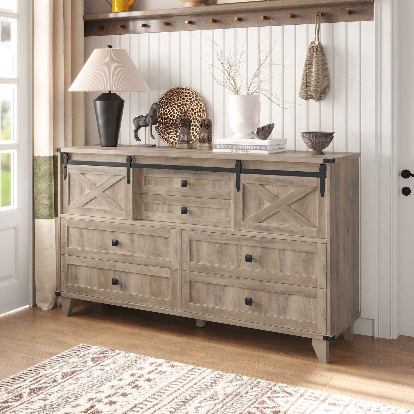 Hasuit | 55.1 Inch Farmhouse 6 Drawer Dresser for Bedroom Retro Chest of Drawers with Sliding Barn Door