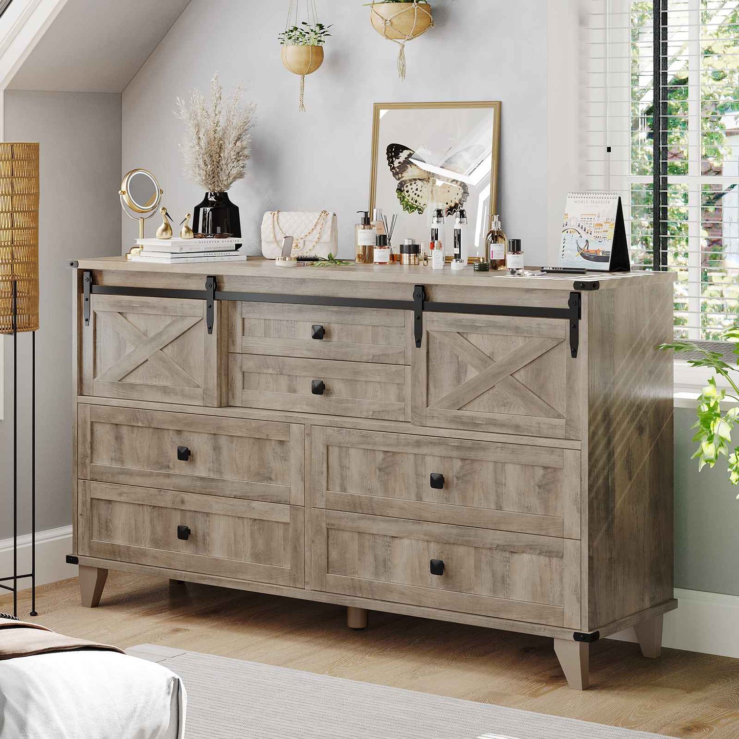 Hasuit | 55.1 Inch Farmhouse 6 Drawer Dresser for Bedroom Retro Chest of Drawers with Sliding Barn Door
