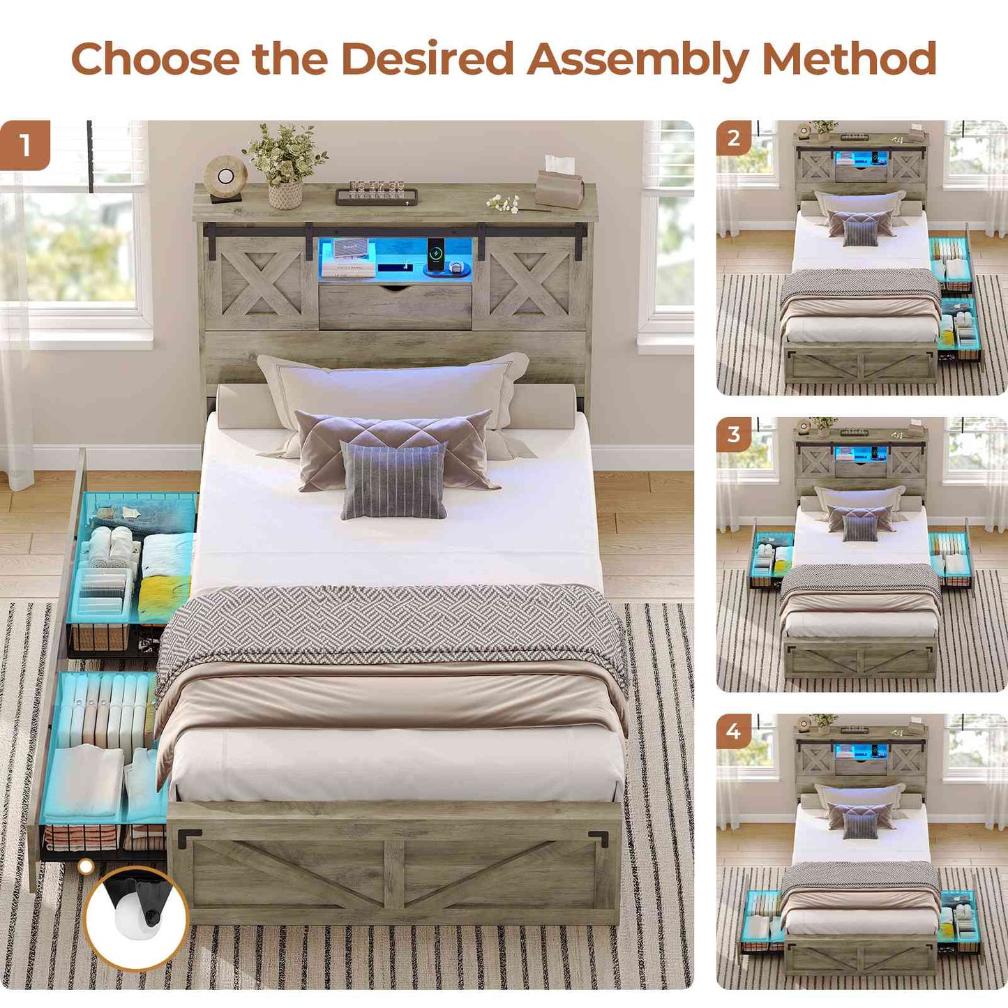 Hasuit | Farmhouse Bed Frame with 2 Storage Drawers Rustic Wooden Platform Twin XL Bed with LED Lights and Charging Station