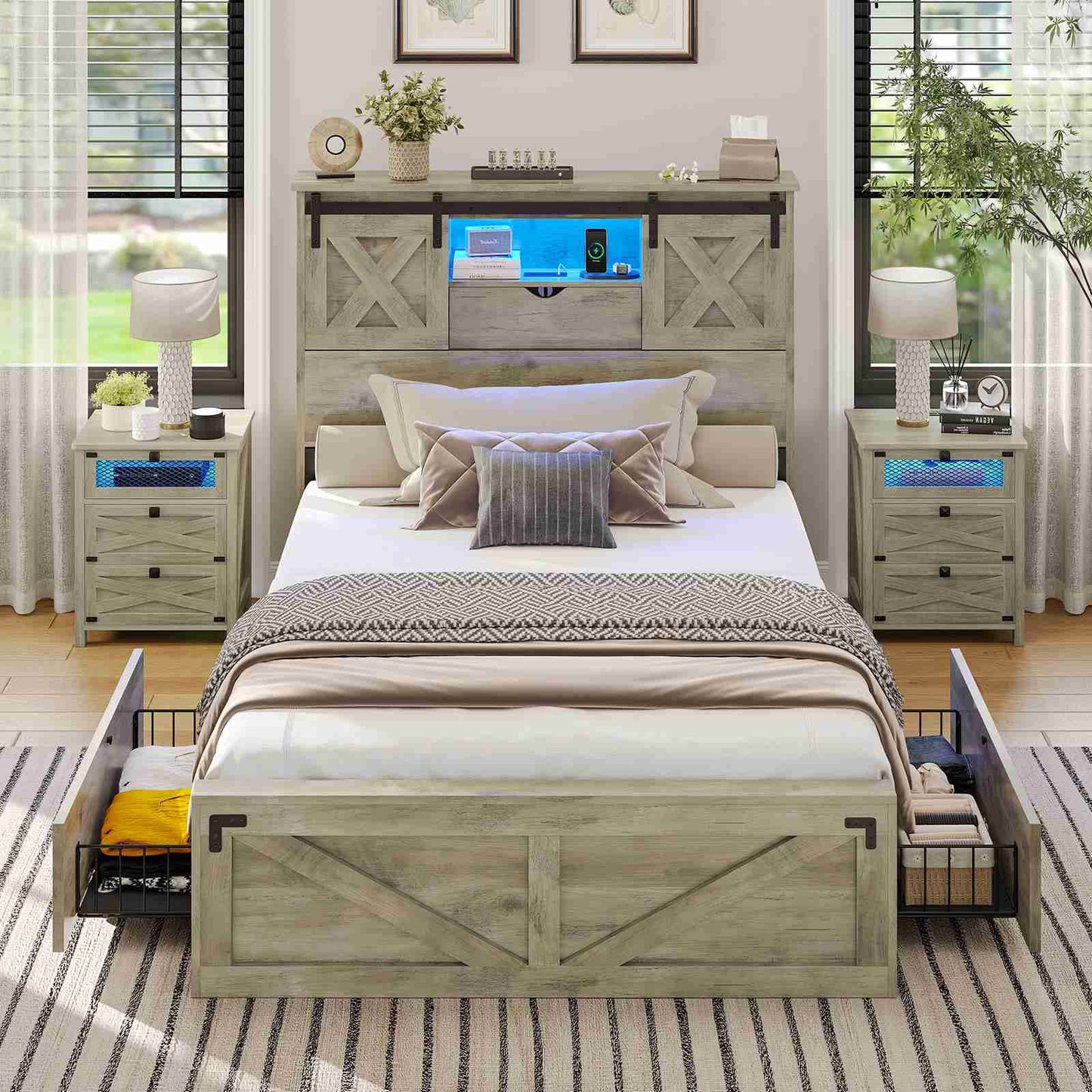 Hasuit | Farmhouse Bed Frame with 2 Storage Drawers Rustic Wooden Platform Twin XL Bed with LED Lights and Charging Station