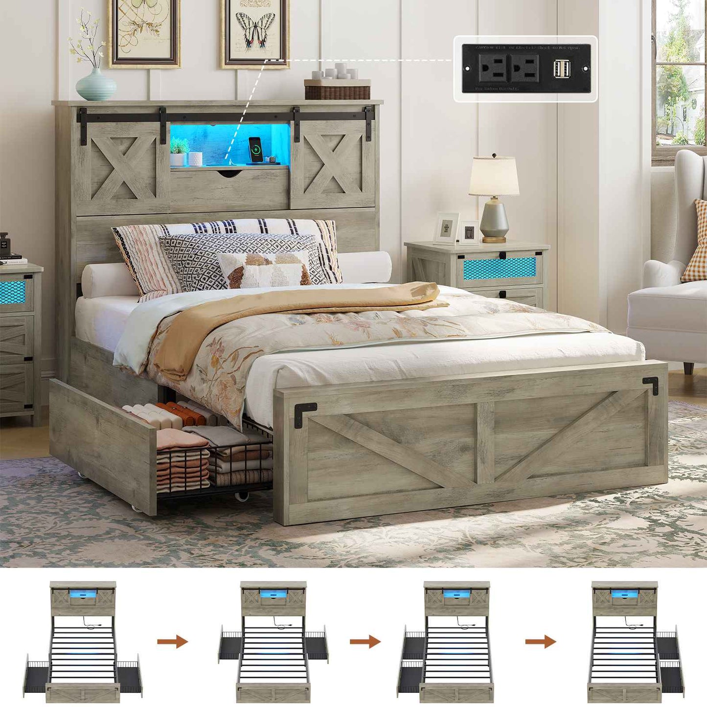 Hasuit | Farmhouse Bed Frame with 2 Storage Drawers Rustic Wooden Platform Twin XL Bed with LED Lights and Charging Station