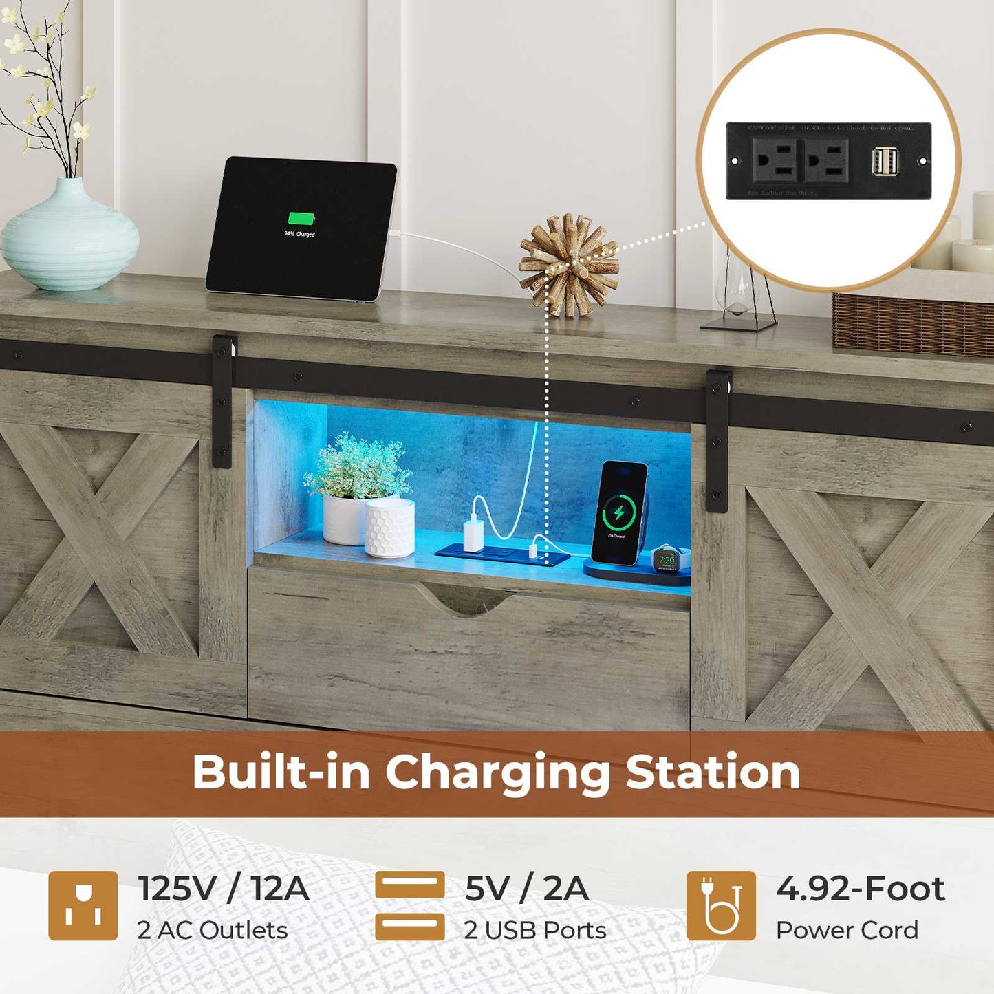 Hasuit | Farmhouse Bed Frame with 2 Storage Drawers Rustic Wooden Platform Twin XL Bed with LED Lights and Charging Station