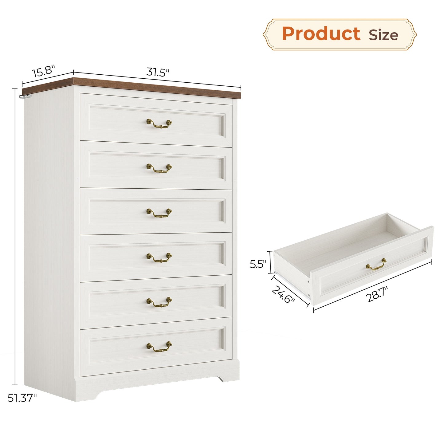 Hasuit | 51.3 Inch Farmhouse 6 Drawers Dresser Tall Wood Dressers Rustic Storage Cabinet Organizer Grey Dresser for Bedroom Hallway