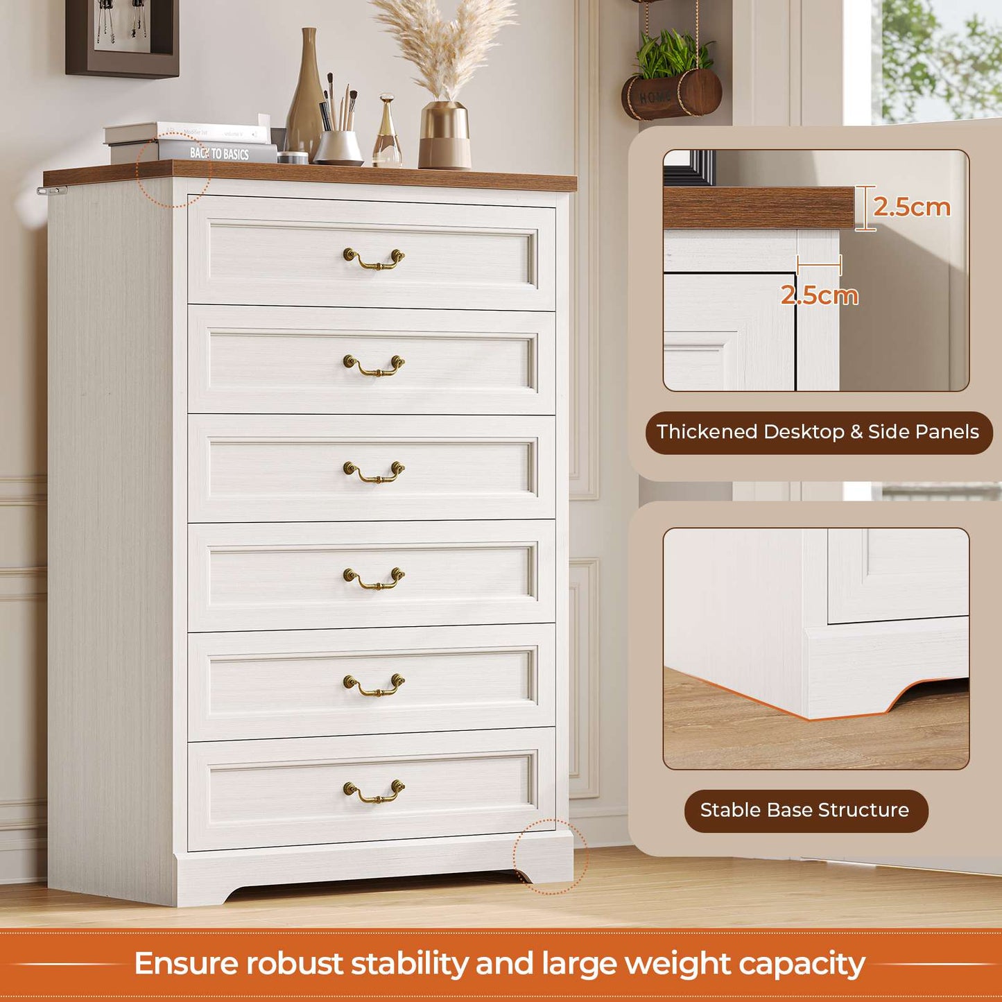 Hasuit | 51.3 Inch Farmhouse 6 Drawers Dresser Tall Wood Dressers Rustic Storage Cabinet Organizer Grey Dresser for Bedroom Hallway
