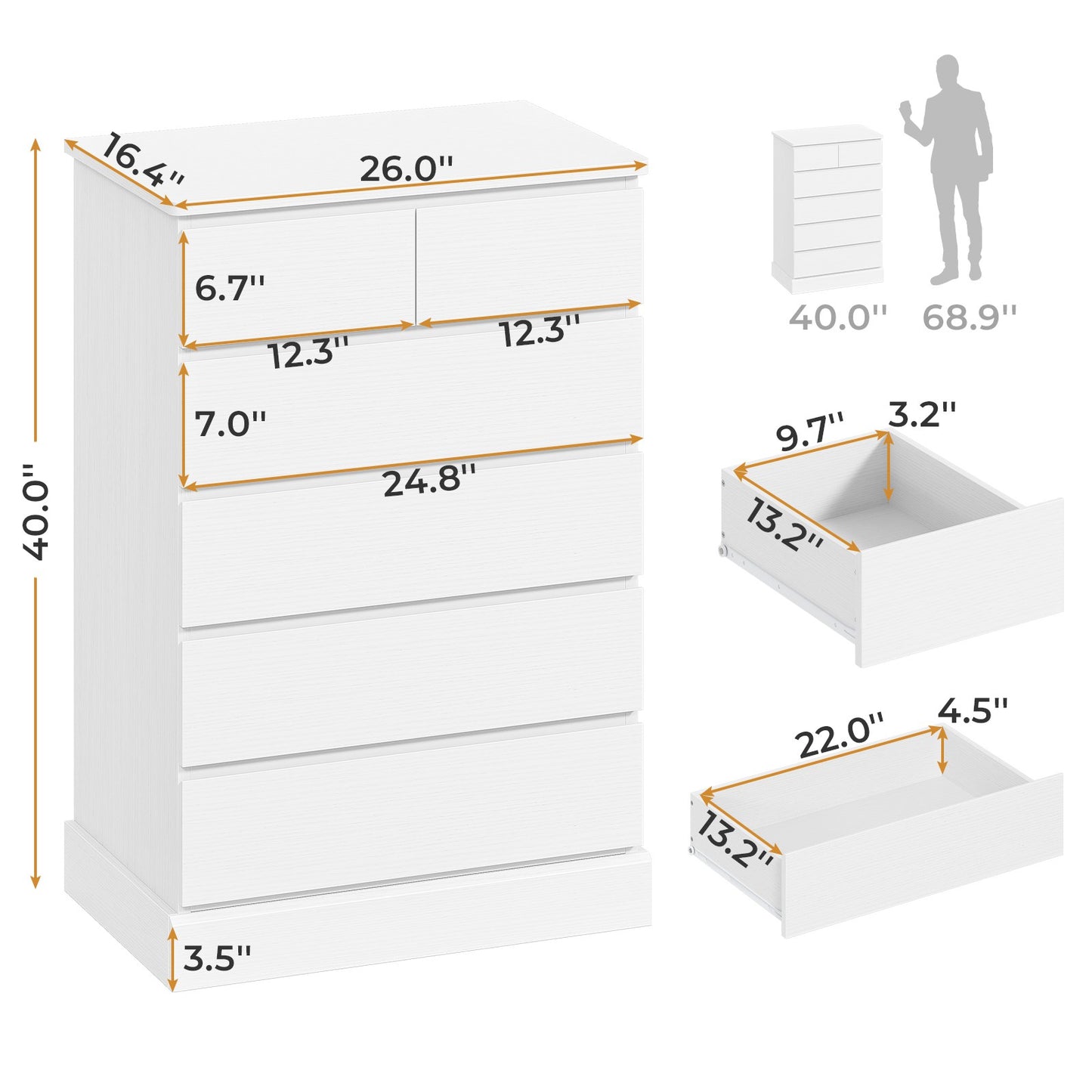 Hasuit | 40 Inch Dresser with 6 Drawer Tall Chest of Drawers Storage Organizer for Closet Modern Clothes Storage Tower