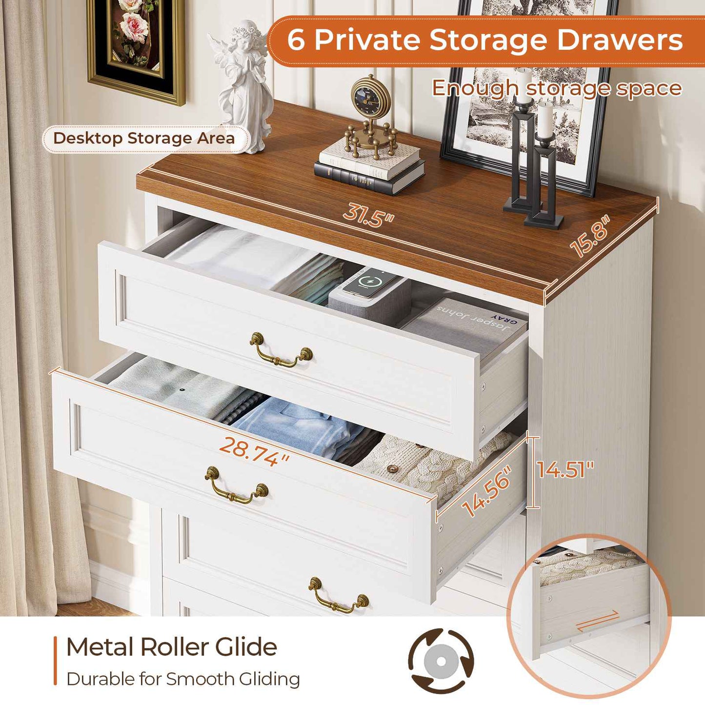 Hasuit | 51.3 Inch Farmhouse 6 Drawers Dresser Tall Wood Dressers Rustic Storage Cabinet Organizer Grey Dresser for Bedroom Hallway