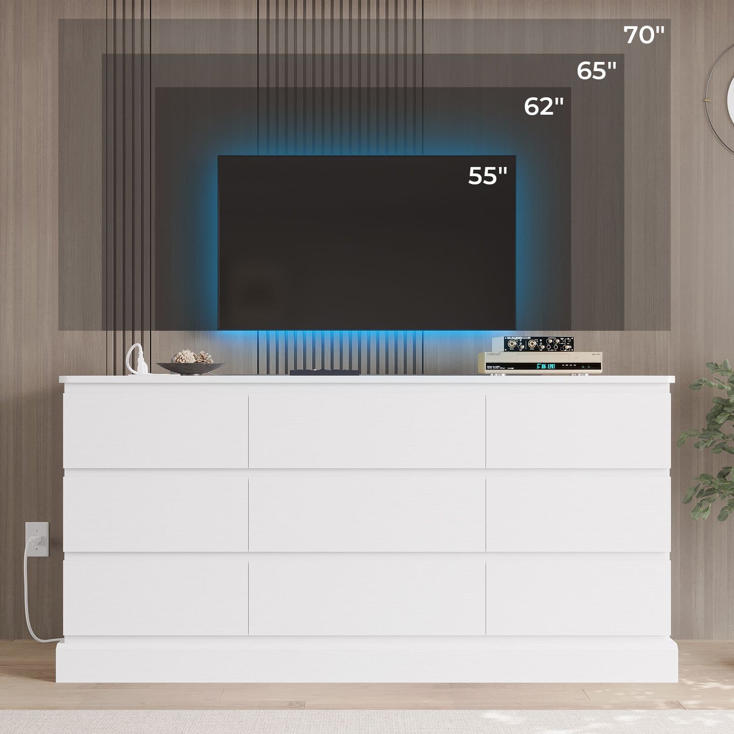 Hasuit | 61.7 Inch Modern Black Dresser with 9 Drawers Wide Dressers with Large Capacity Storage for Bedroom TV Stand with Power Outlets