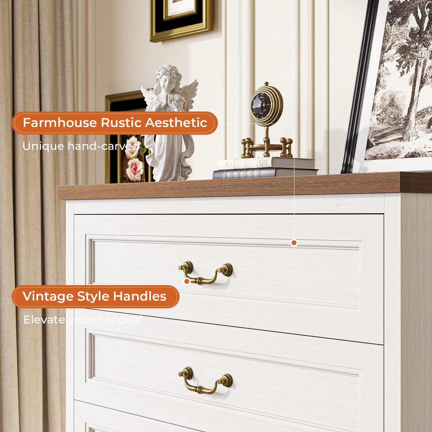 Hasuit | 51.3 Inch Farmhouse 6 Drawers Dresser Tall Wood Dressers Rustic Storage Cabinet Organizer Grey Dresser for Bedroom Hallway