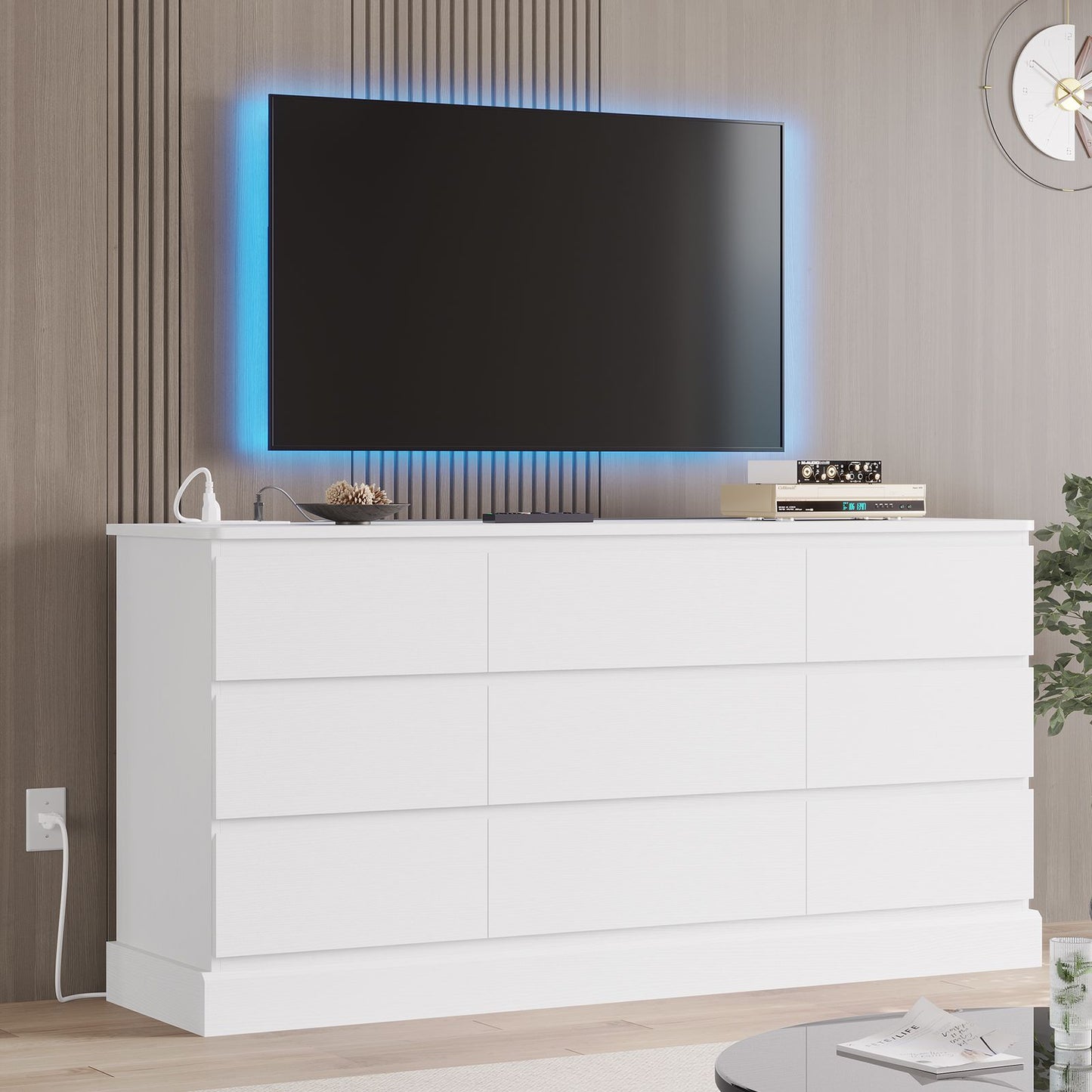 Hasuit | 61.7 Inch Modern Black Dresser with 9 Drawers Wide Dressers with Large Capacity Storage for Bedroom TV Stand with Power Outlets