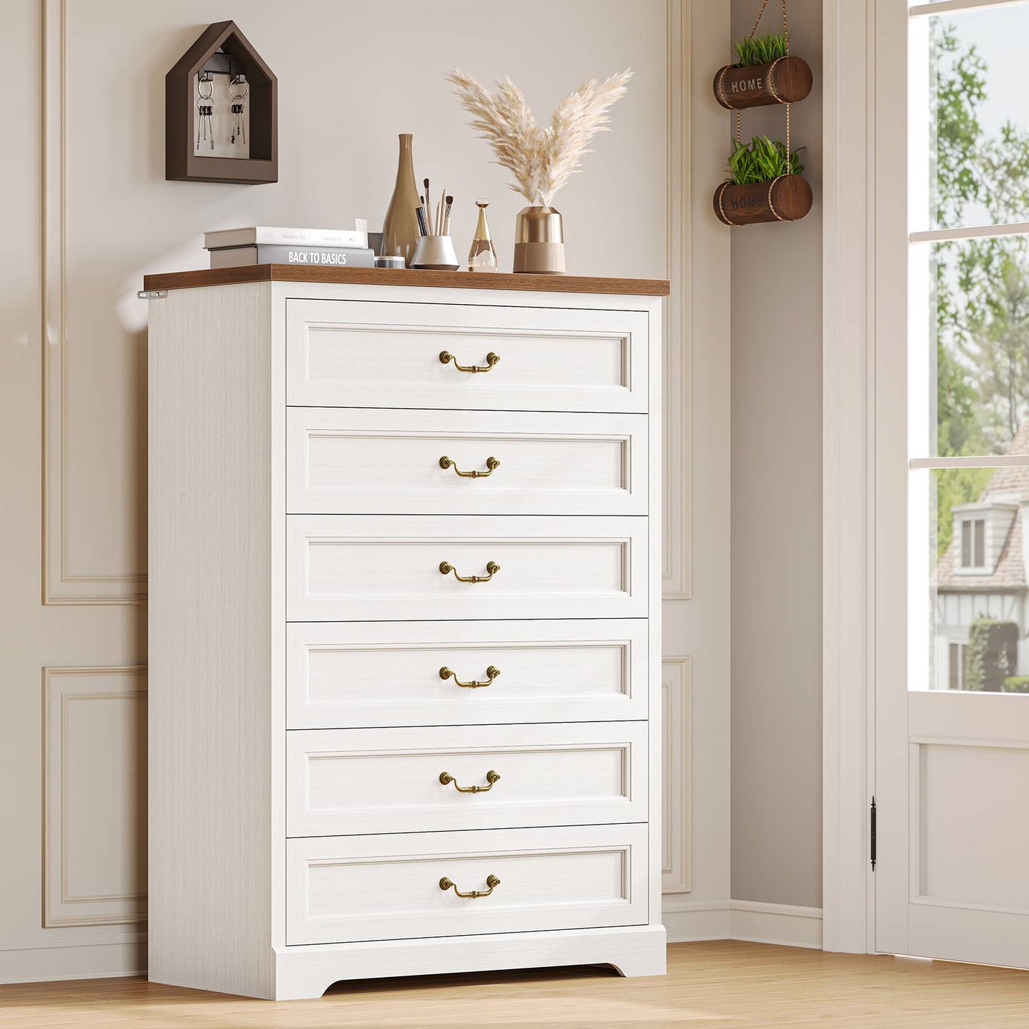 Hasuit | 51.3 Inch Farmhouse 6 Drawers Dresser Tall Wood Dressers Rustic Storage Cabinet Organizer Grey Dresser for Bedroom Hallway