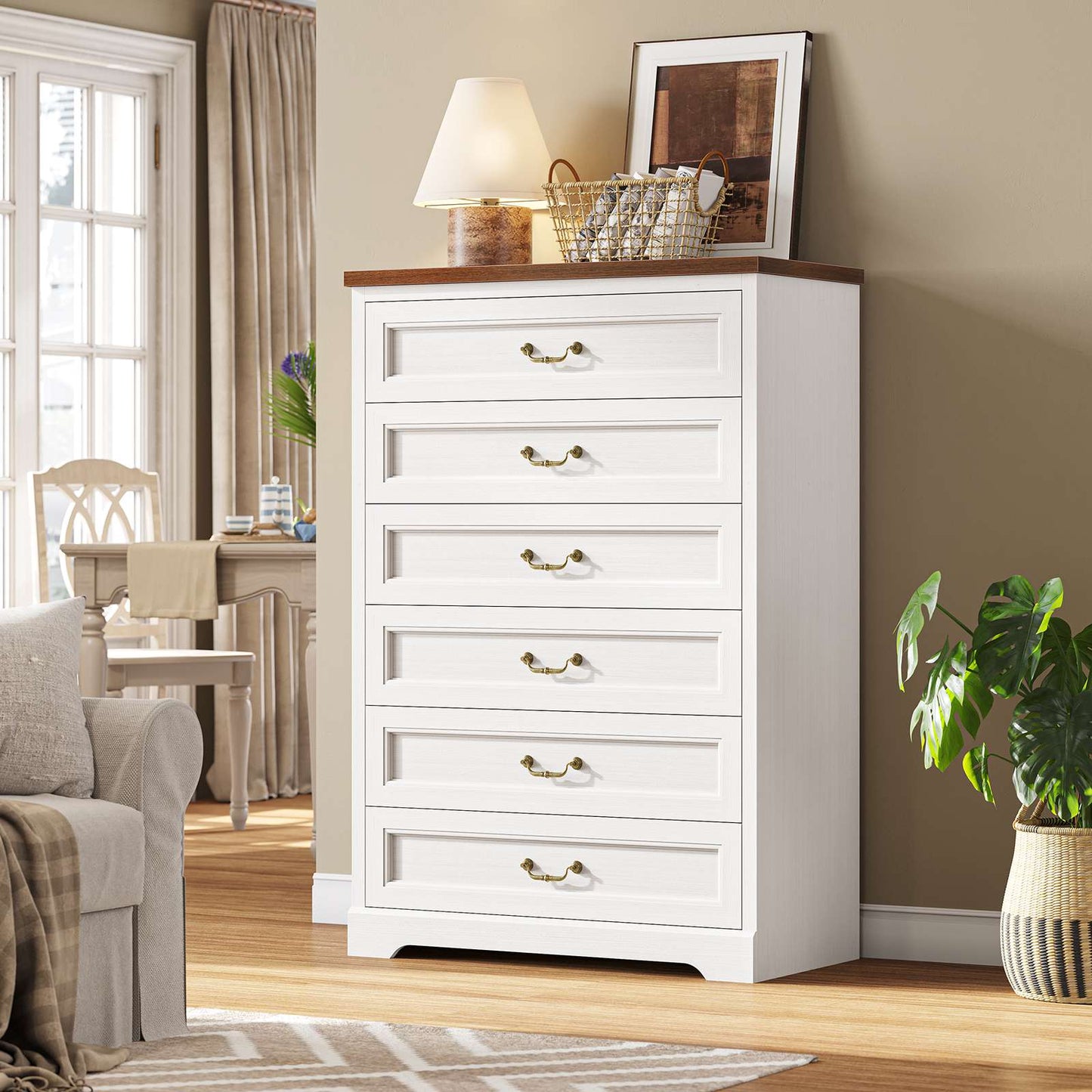 Hasuit | 51.3 Inch Farmhouse 6 Drawers Dresser Tall Wood Dressers Rustic Storage Cabinet Organizer Grey Dresser for Bedroom Hallway