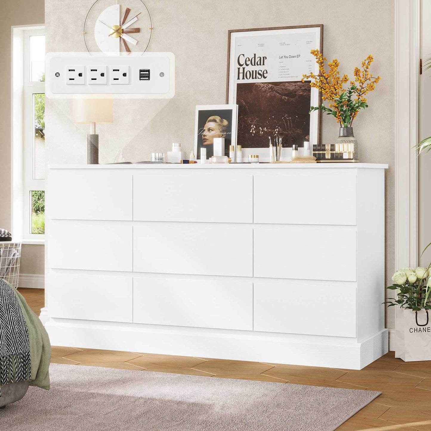 Hasuit | 61.7 Inch Modern Black Dresser with 9 Drawers Wide Dressers with Large Capacity Storage for Bedroom TV Stand with Power Outlets