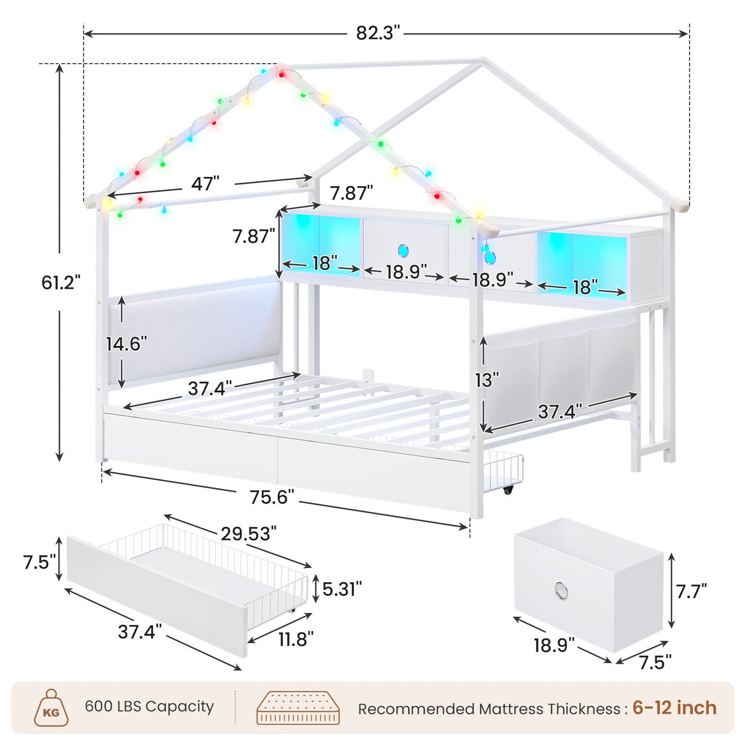 Hasuit | Corner Twin Bed Frame with Charging Station & LED Light & Globe String Light House Shaped Metal Beds with Drawer & Bookcase Corner Bed with Upholstered Headboard