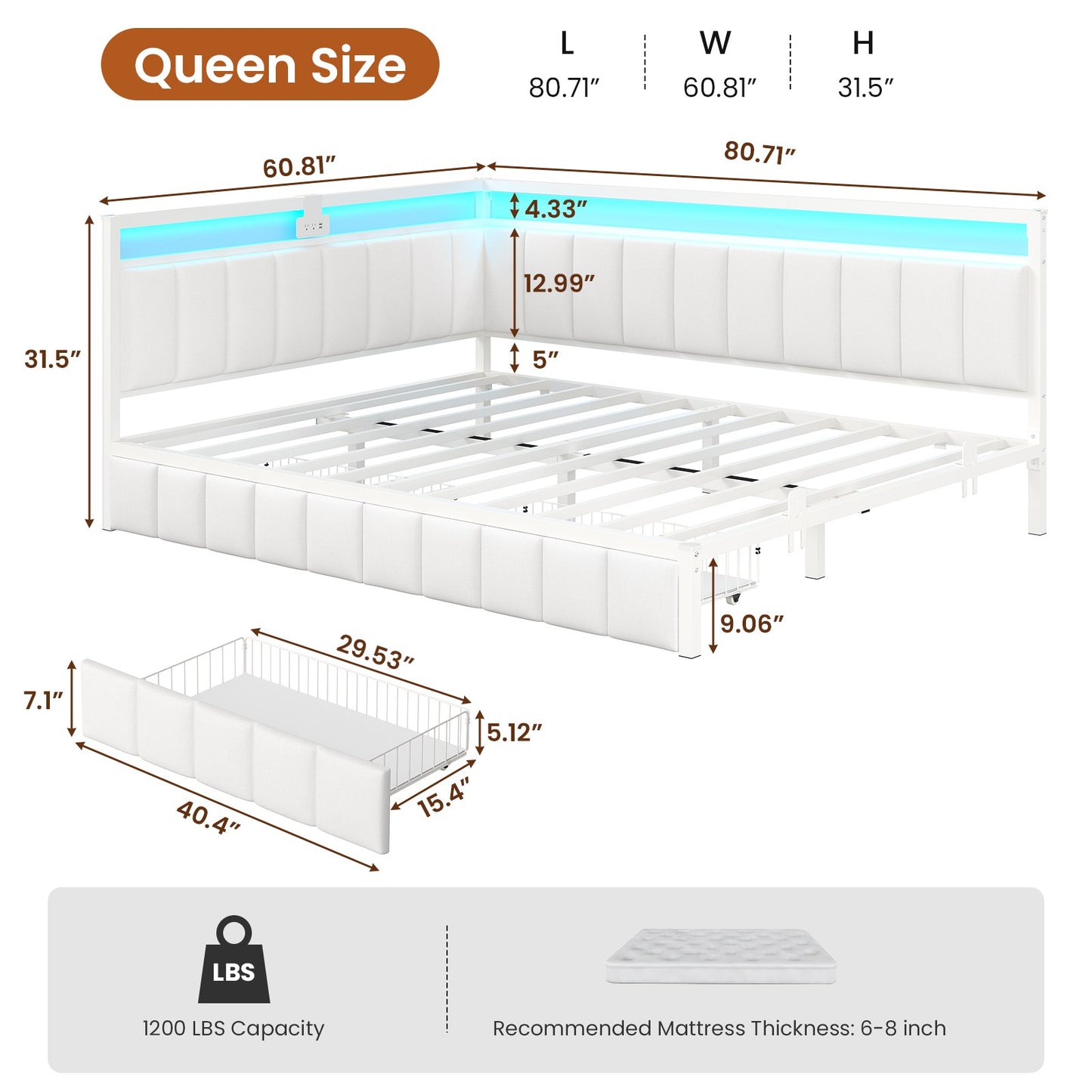 Hasuit | Corner Bed Frame with Storage Drawers Full Daybed with Line Fabric Upholstered Fence Kids Bed Unit with LED Light and Charging Station White