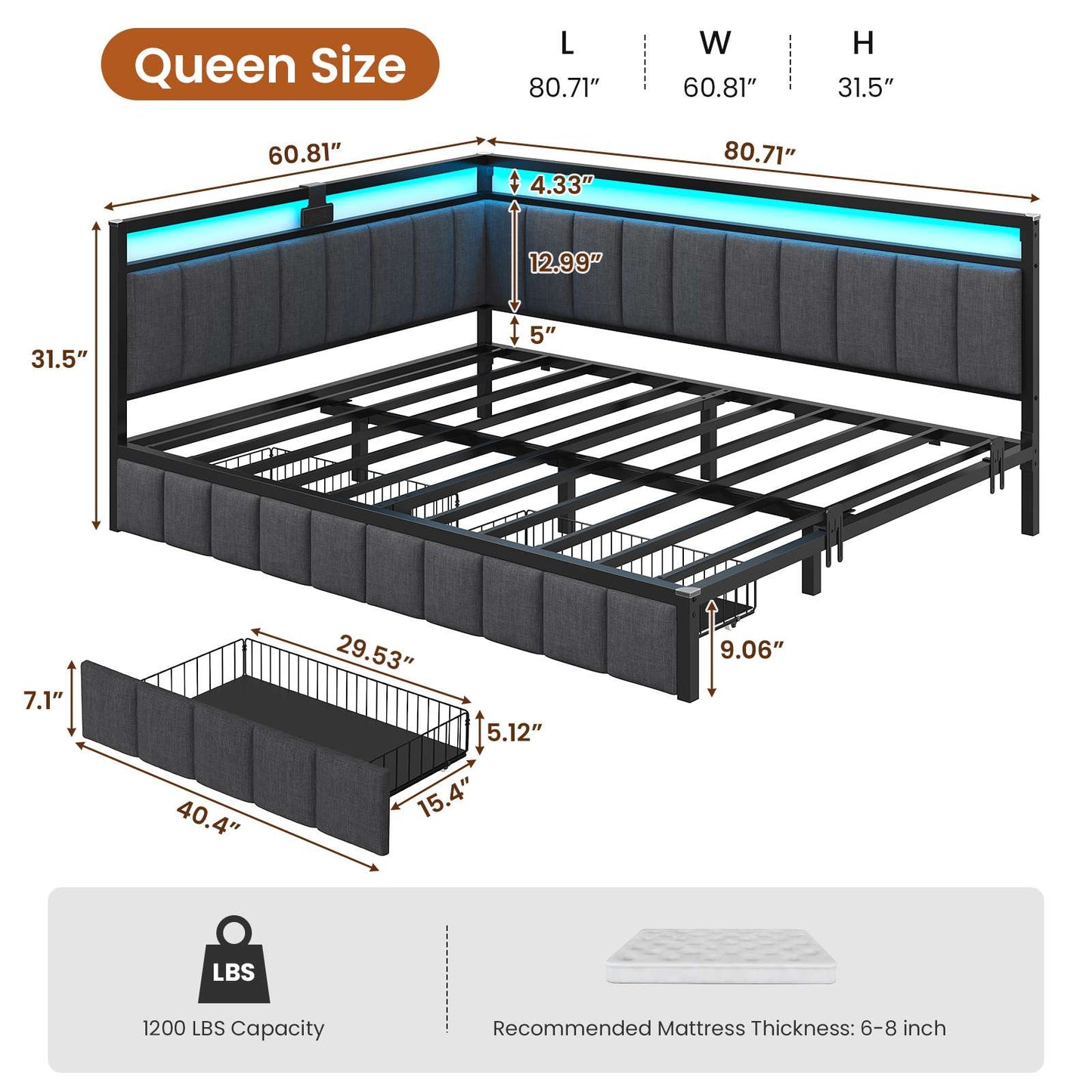 Hasuit | Corner Bed Frame with Storage Drawers Daybed with Line Fabric Upholstered Fence Kids Bed with LED Light and Charging Station Gray