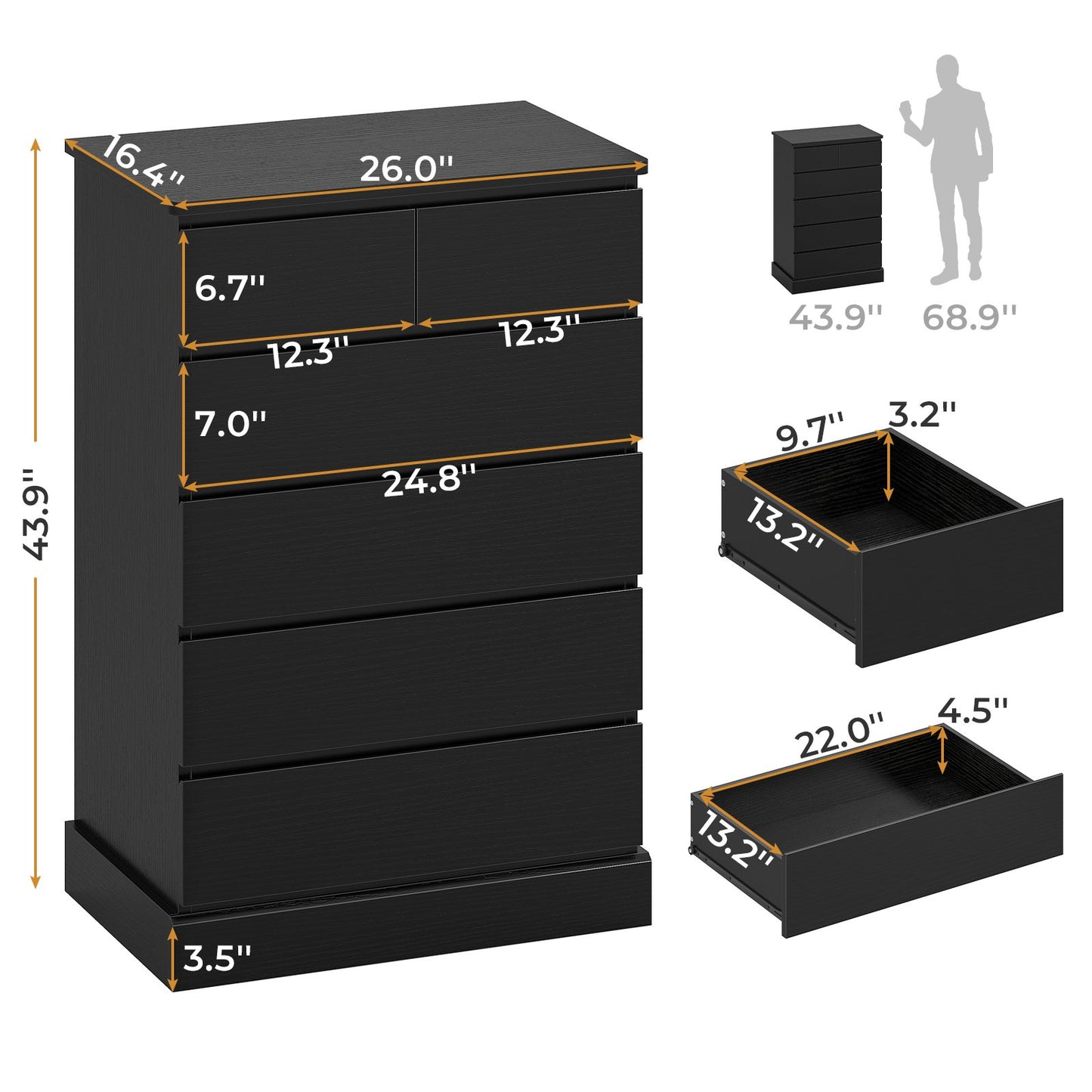 Hasuit | 43.9 Inch Dresser with 6 Drawer Tall Chest of Drawers Storage Organizer for Closet Modern Clothes Storage Tower