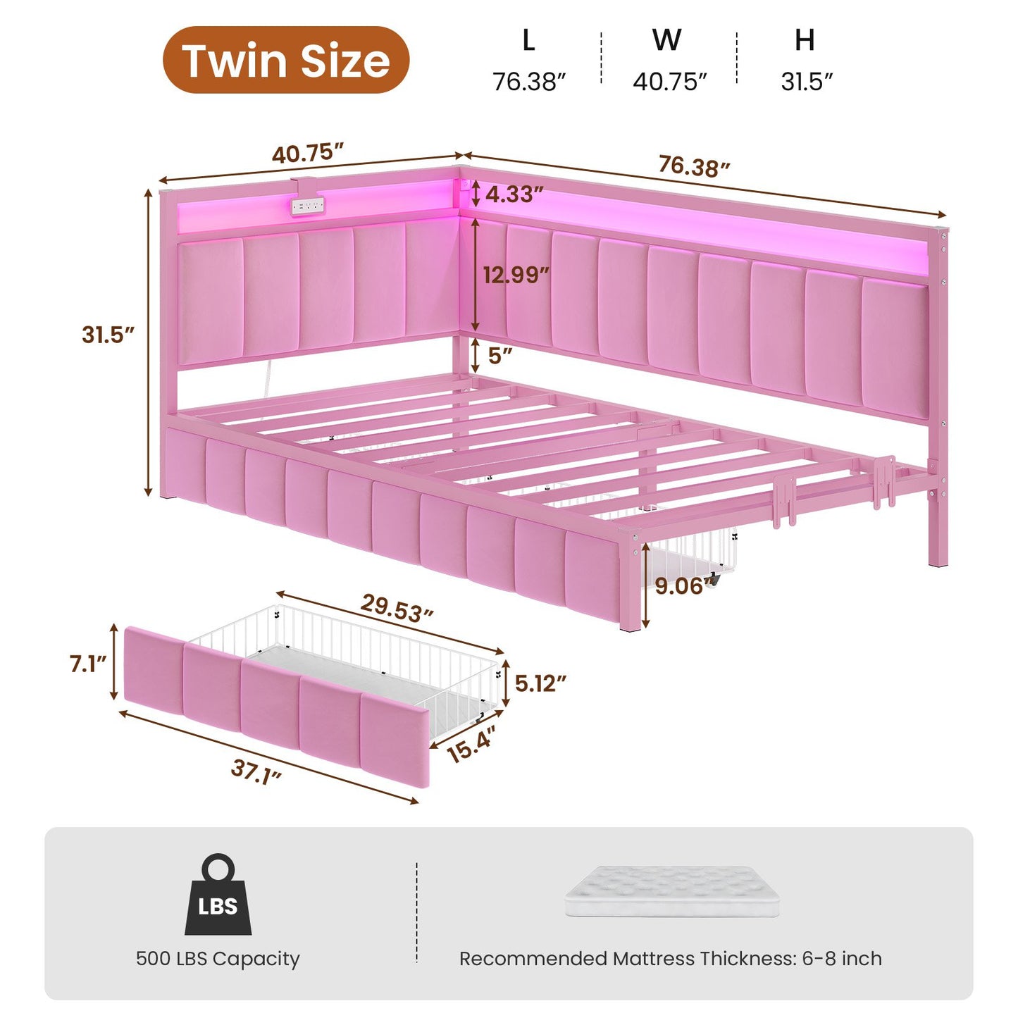 Hasuit | Corner Bed Frame with Storage Drawers Daybed with Line Fabric Upholstered Fence Kids Bed with LED Light and Charging Station Pink