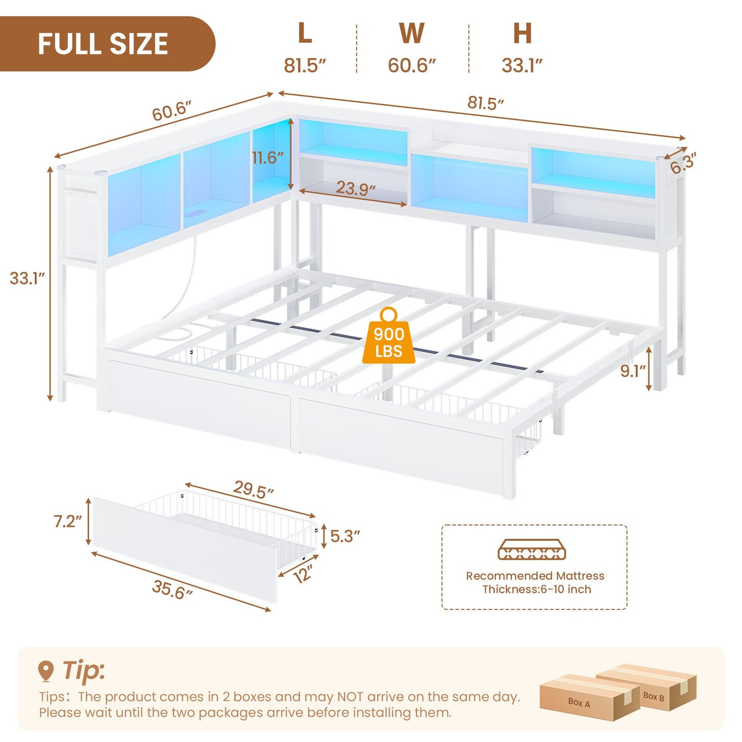 Hasuit | Corner Bed Frame with Storage Bookcase Modern Teenagers Bedframe with 2 Drawers Kids Bed Unit with Charging Station White
