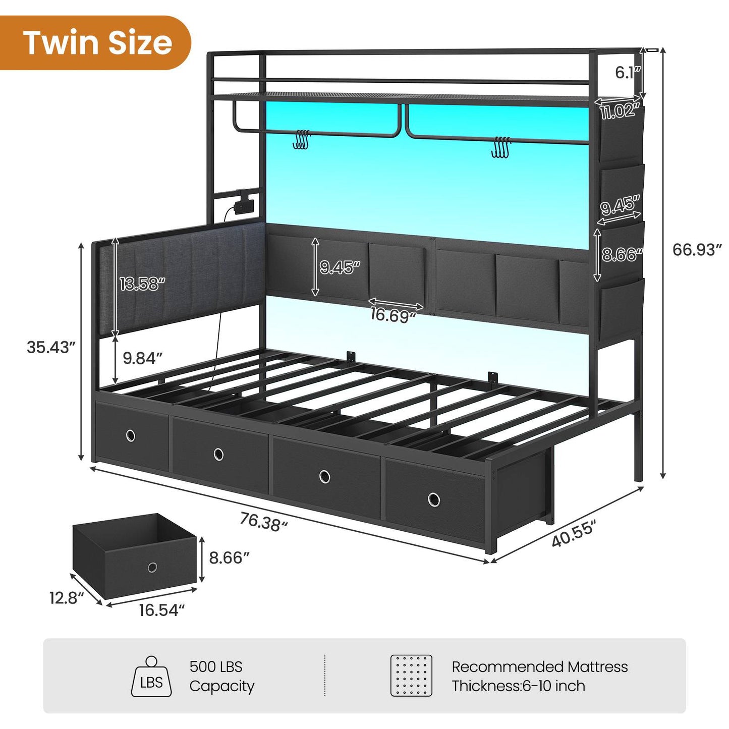 Hasuit | Twin Size Corner Bed Frame with 4 Drawers and Coat Rack Daybed with Built-in Charging Station and LED Lights