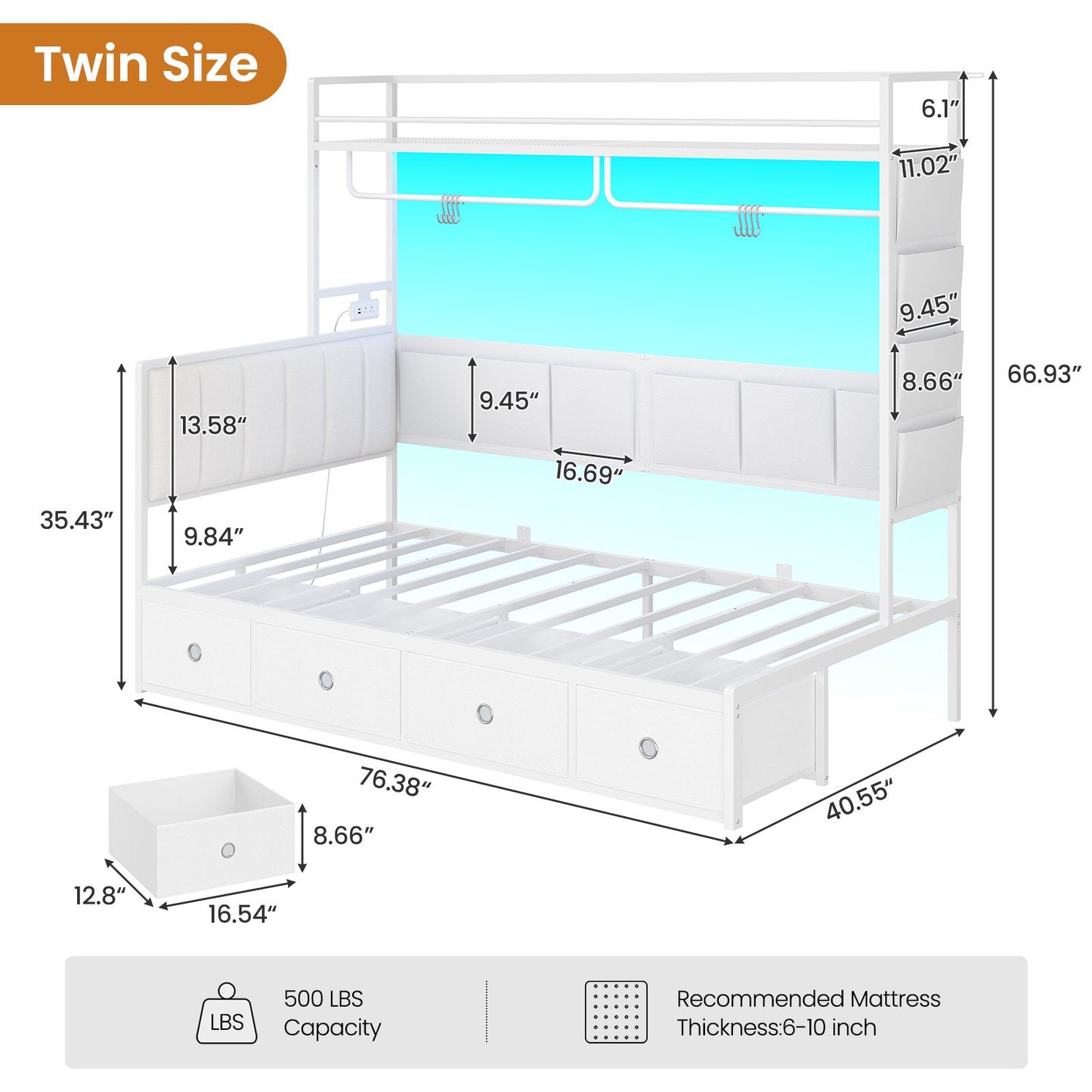 Hasuit | Twin Size Corner Bed Frame with 4 Drawers and Coat Rack Metal Platform Bed with Charging Station and LED Lights