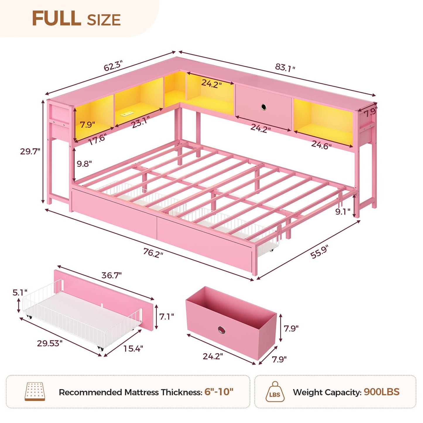 Hasuit | Corner Bed Frame with Storage Bookcase Day Bed with Charging Station and LED Lights Convertible Beds for Kids Teens Pink