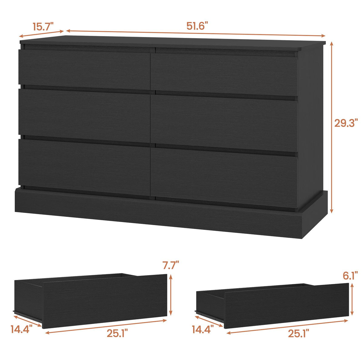 Hasuit | 51.5 Inch Wide Dresser for Bedroom Long Dresser with 6 Drawers Wooden Dressers Chest Large Capacity Clothing Storage Cabinet