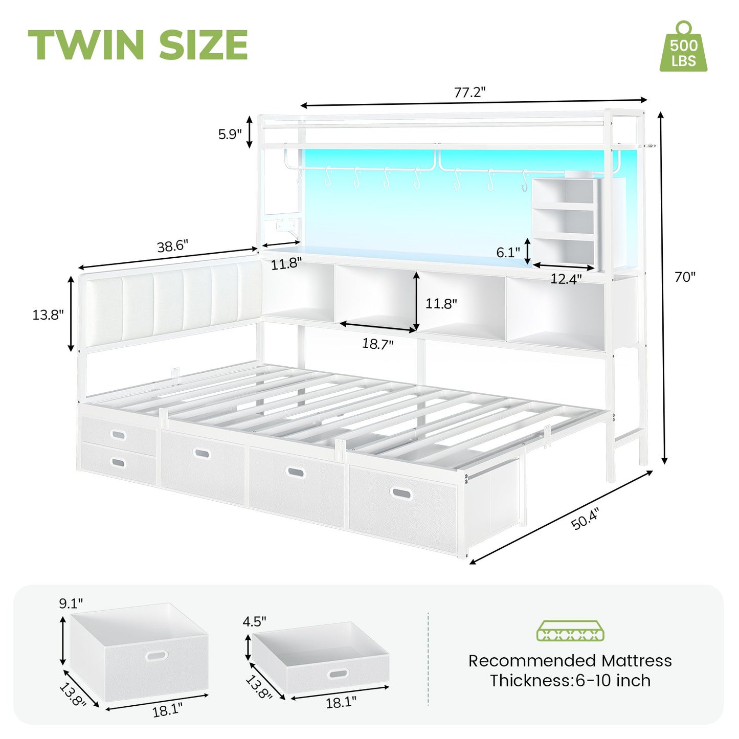 Hasuit | Twin Corner Bed Frame with 5 Drawers and Upper Storage Bookshelf Metal Twin Size Day Bed with Charging Station and LED Lights
