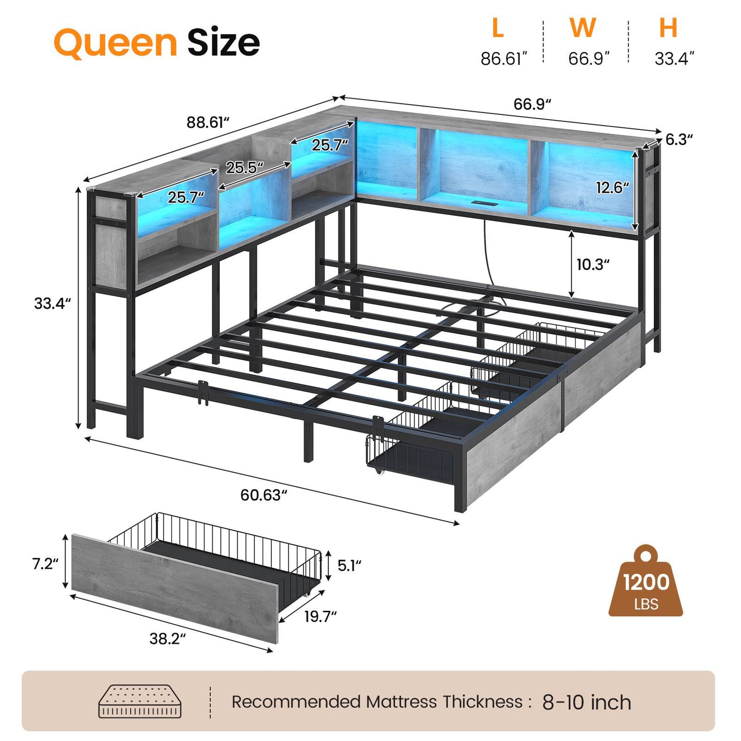 Hasuit | Corner Bed Frame with Storage Bookcase Teenagers Daybed with 2 Underneath Storage Drawers Kids Bed Unit with Charging Station and LED Light Three Sizes Oak Gray
