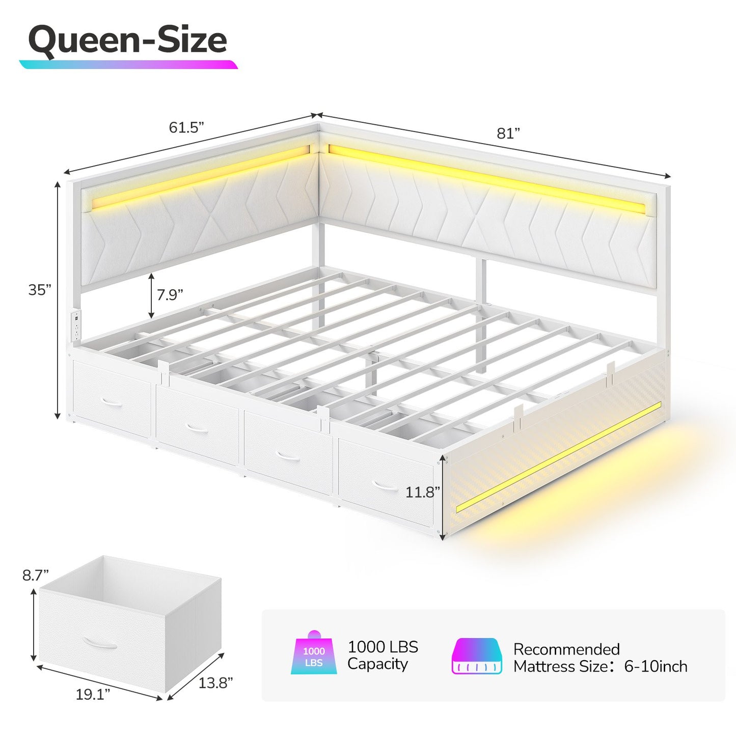Hasuit | Corner Bed Frame with Storage Drawers and Charging Station Leather Upholstered Daybed with LED Light Esports Style