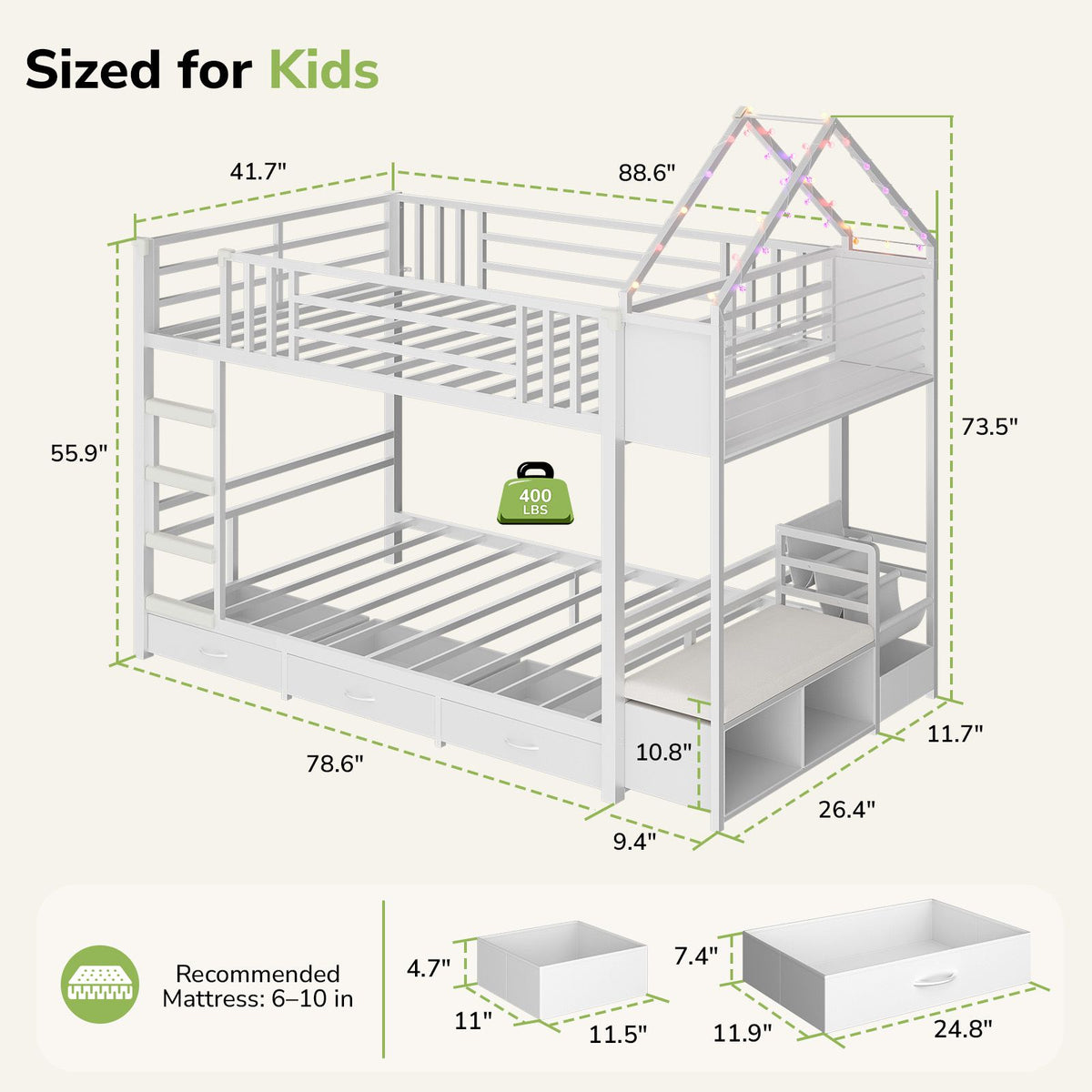 Hasuit | Twin Over Twin Bunk Bed with 3 Under Bed Drawers and Bookshelf for Kids Bunk Bed with Globe String Lights and Padded Stool