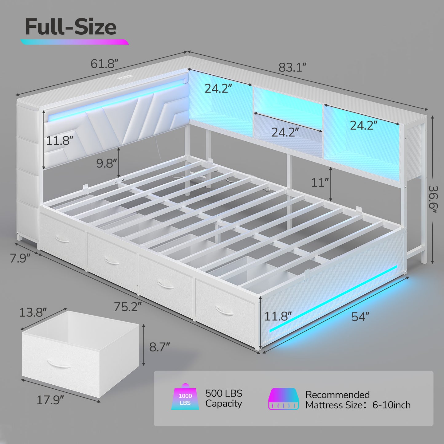 Hasuit | Corner Bed Frame with Drawers and Bookcase Gaming Bed Frame with Storage Esports Style Bed with Upholstered Headboard