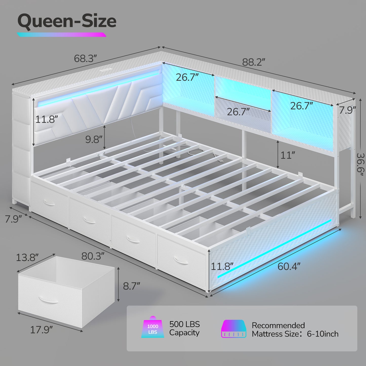 Hasuit | Corner Bed Frame with Drawers and Bookcase Queen Size Gaming Bed Frame with Storage Esports Style Bed with Upholstered Headboard