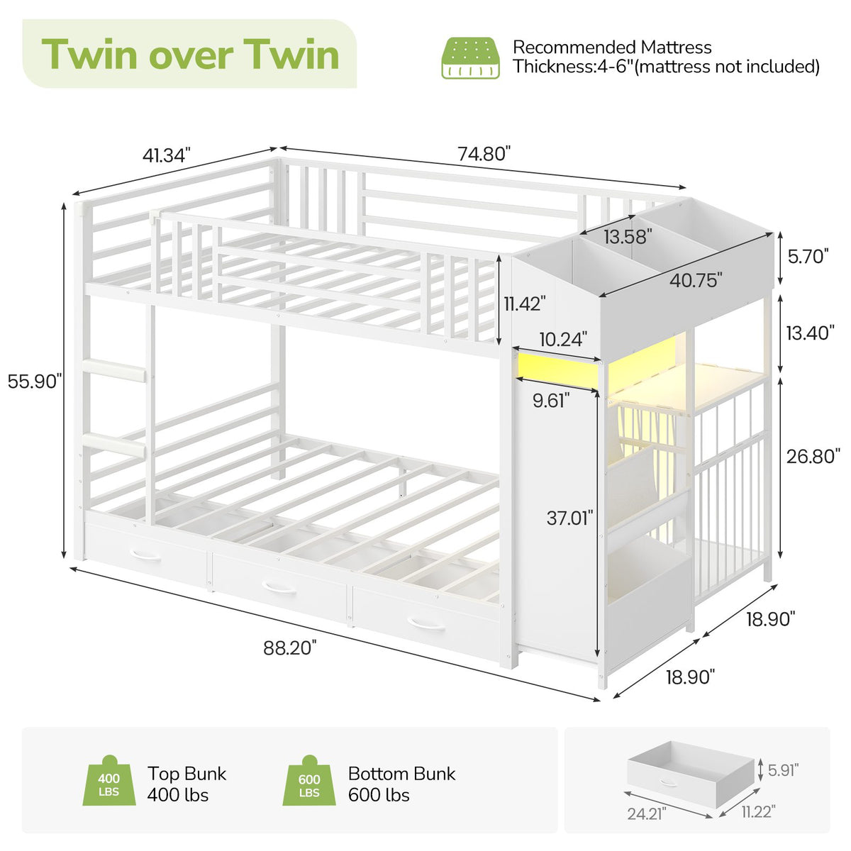 Hasuit | Bunk Bed Twin Over Twin with Doodle Board and Bookshelf Bunkbed with 3 Storage Drawers and Open Shelf