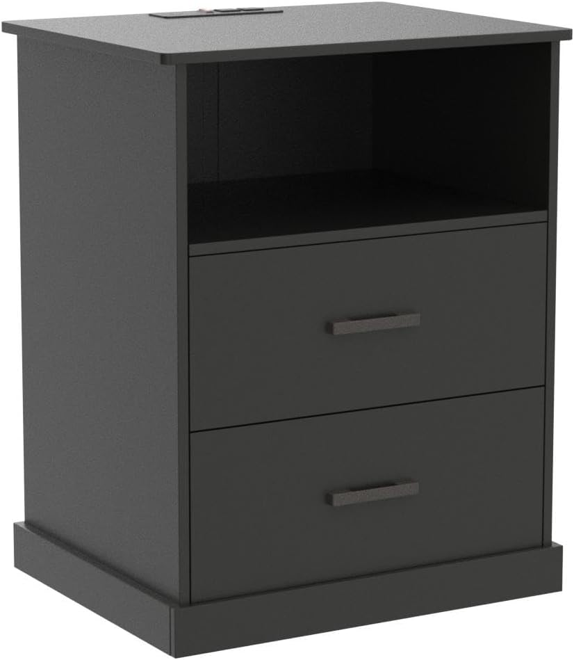 Hasuit Night Stand Set of 2 with Charging Station, Large Nightstands with Storage Drawers and Open Cubby, Black Bedside Side End Table for Home Office, Wider Tabletop 19.0'' x 15.0''