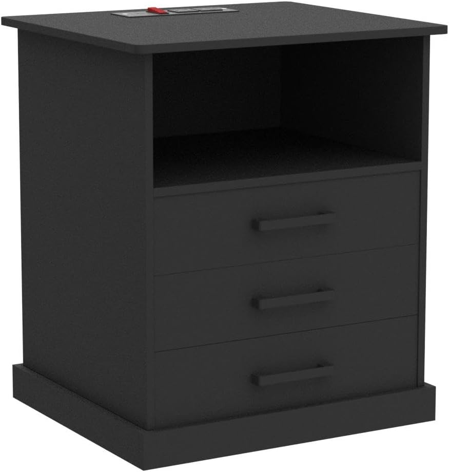 Hasuit Nightstand with Charging Station and LED Lights, Large Bedside Table with 3 Storage Drawer, Black Night Stand for Bedroom, Wider Tabletop 19.0''(L) x 15.0''(W)