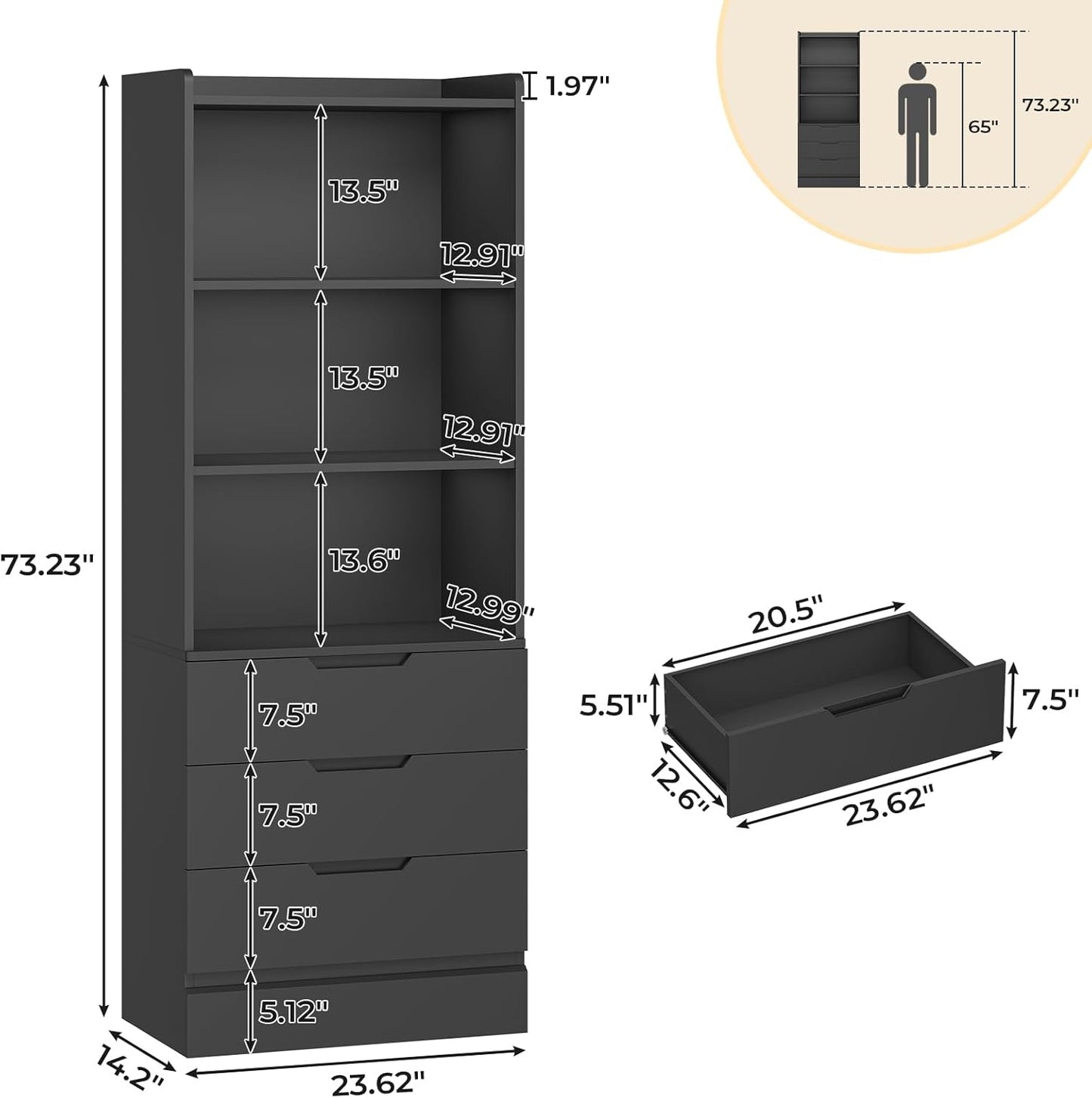 DICTAC Bookcase Set of 2 with 3 Drawers 73.23'' Bookshelf Storage Cabinets with Shelves and Drawers Kitchen Pantry with Microwave Stand,Storage Organizer for Living Room,Office,Study,Bathroom
