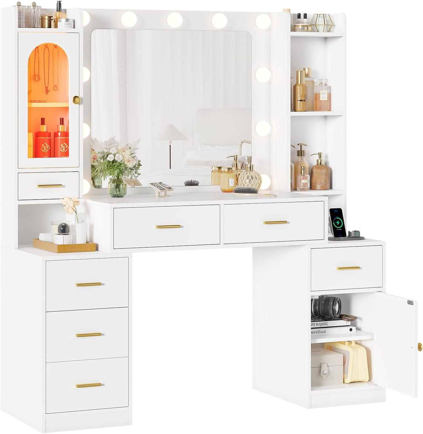 Hasuit Makeup Vanity Desk with Lighted Mirror & RGB Glass Cabinet, 49.8"W Large Vanity Desk with 7 Drawers, Shelves, Side Cabinet, White Bedroom Dressing Table with Charging Station, Lights Adjustable
