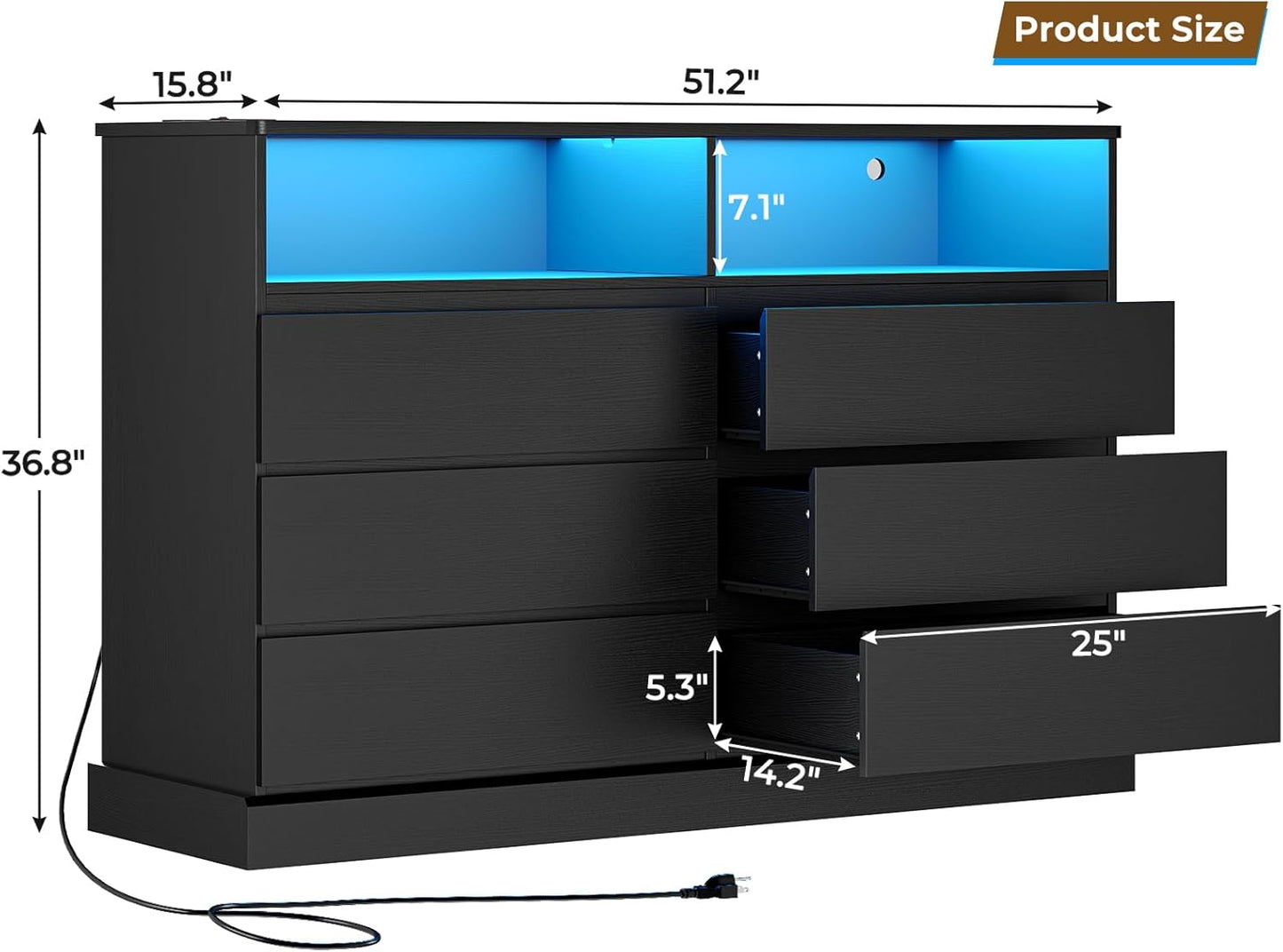 Hasuit Black Dresser for Bedroom with LED Lights and Charging Station, 51.2" Long Dressers Chest of Drawer with Large Drawers and Open Space, Modern 6 Drawer Dresser for Bedroom, Living Room, Entryway