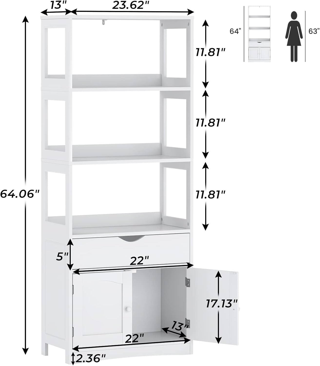DICTAC Kitchen Pantry Storage Cabinets Freestanding Tall Bathroom Cabinet with Shelves and Drawer 64''H Sideboard Microwave Space Cupboard Organizer for Home Office,White, 23.62x13x64.06inch