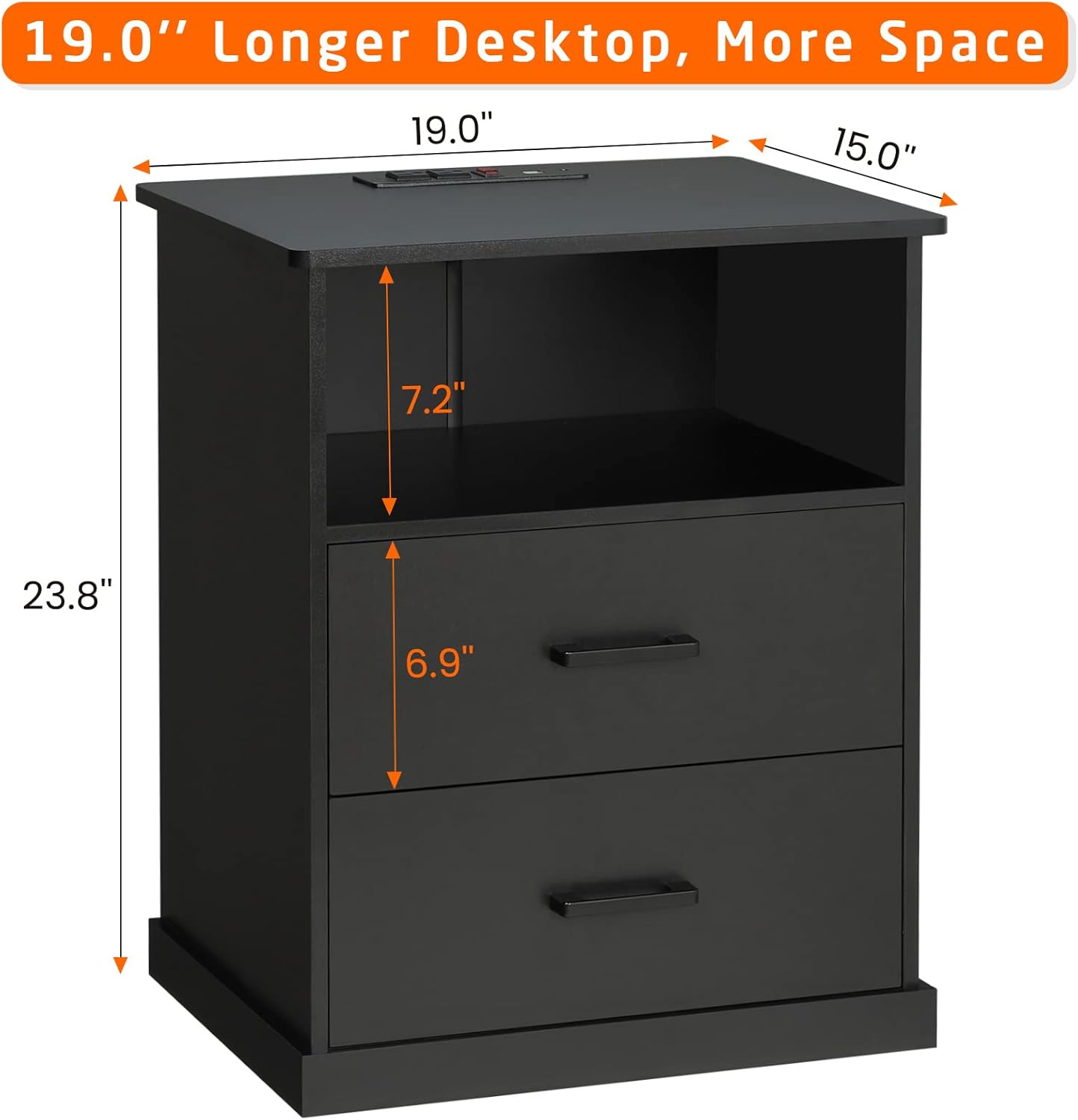 Hasuit Night Stand Set of 2 with Charging Station, Large Nightstands with Storage Drawers and Open Cubby, Black Bedside Side End Table for Home Office, Wider Tabletop 19.0'' x 15.0''