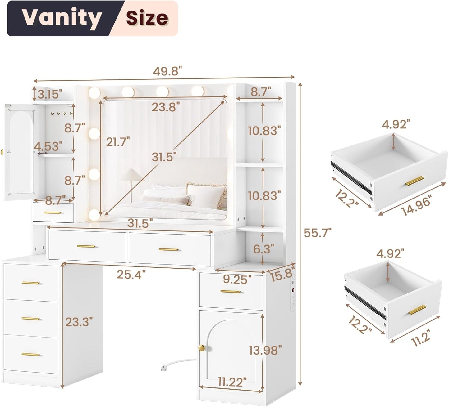 Hasuit Makeup Vanity Desk with Lighted Mirror & RGB Glass Cabinet, 49.8"W Large Vanity Desk with 7 Drawers, Shelves, Side Cabinet, White Bedroom Dressing Table with Charging Station, Lights Adjustable