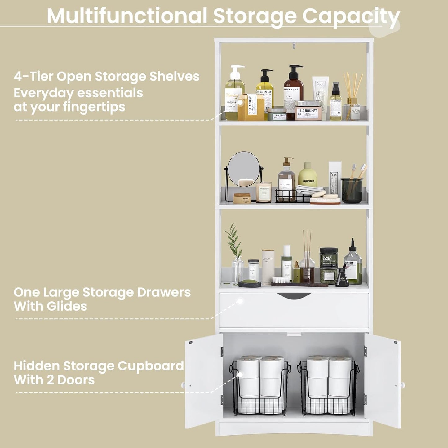 DICTAC Kitchen Pantry Storage Cabinets Freestanding Tall Bathroom Cabinet with Shelves and Drawer 64''H Sideboard Microwave Space Cupboard Organizer for Home Office,White, 23.62x13x64.06inch