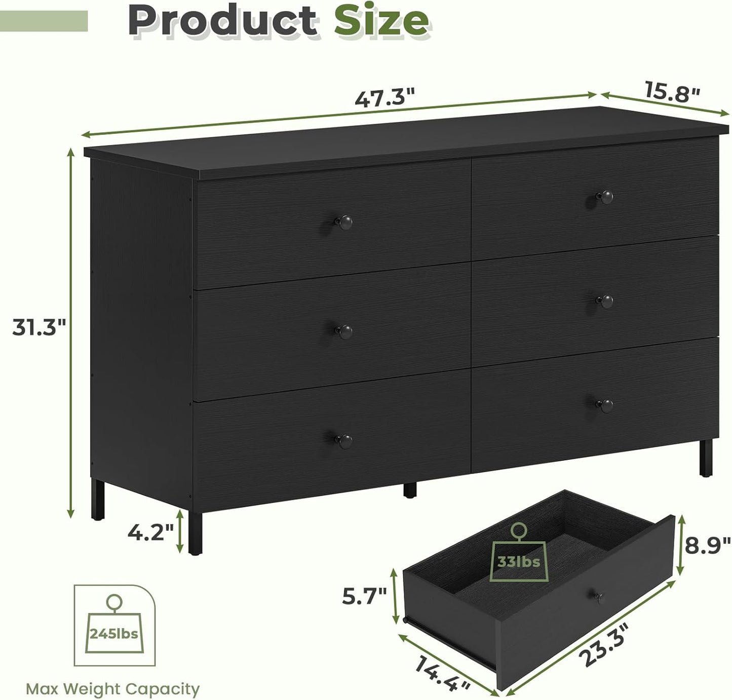 Hasuit 6 Drawers Double Dresser, Wooden Dressers with Heavy Sturdy Steel Frame, Large Capacity Storage Chest of Drawers, Black Dresser for Bedroom, Living Room, Entryway